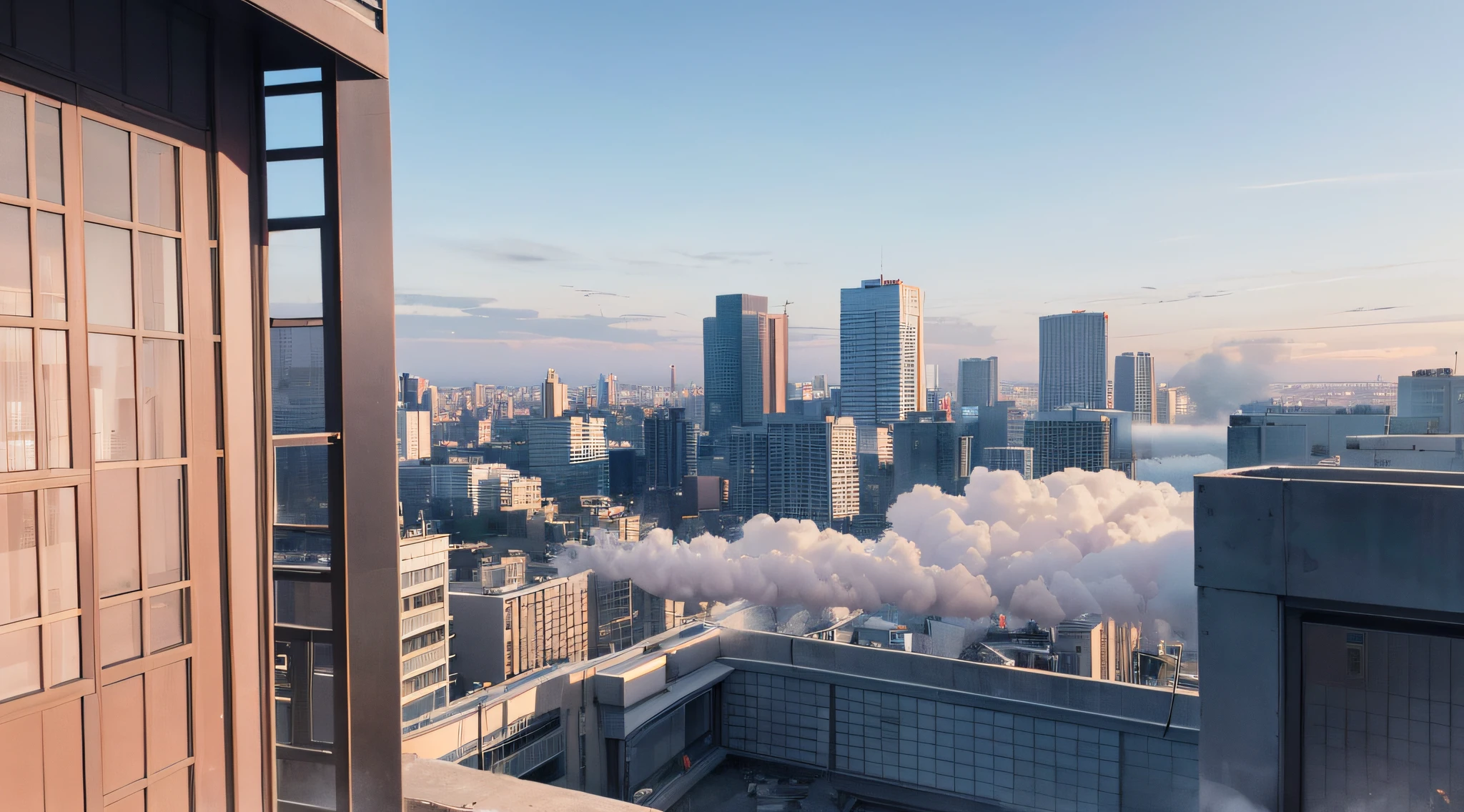 Early in the morning the sun is just rising ,1 guy about 18 ,On the roof of a high-rise building, where is the video of the sunrise , ((sits and smokes a lot of smoke around his face )), in the city ,dressed in black clothes , distant view ,8K , Permission 1920 to 1080 , ((detailing)) , ((detailized face)), hiquality , there are many buildings and houses around it , 2023 year, Tokyo City , Enigmatic style, Color Picker: blue pink purple orange yellow.