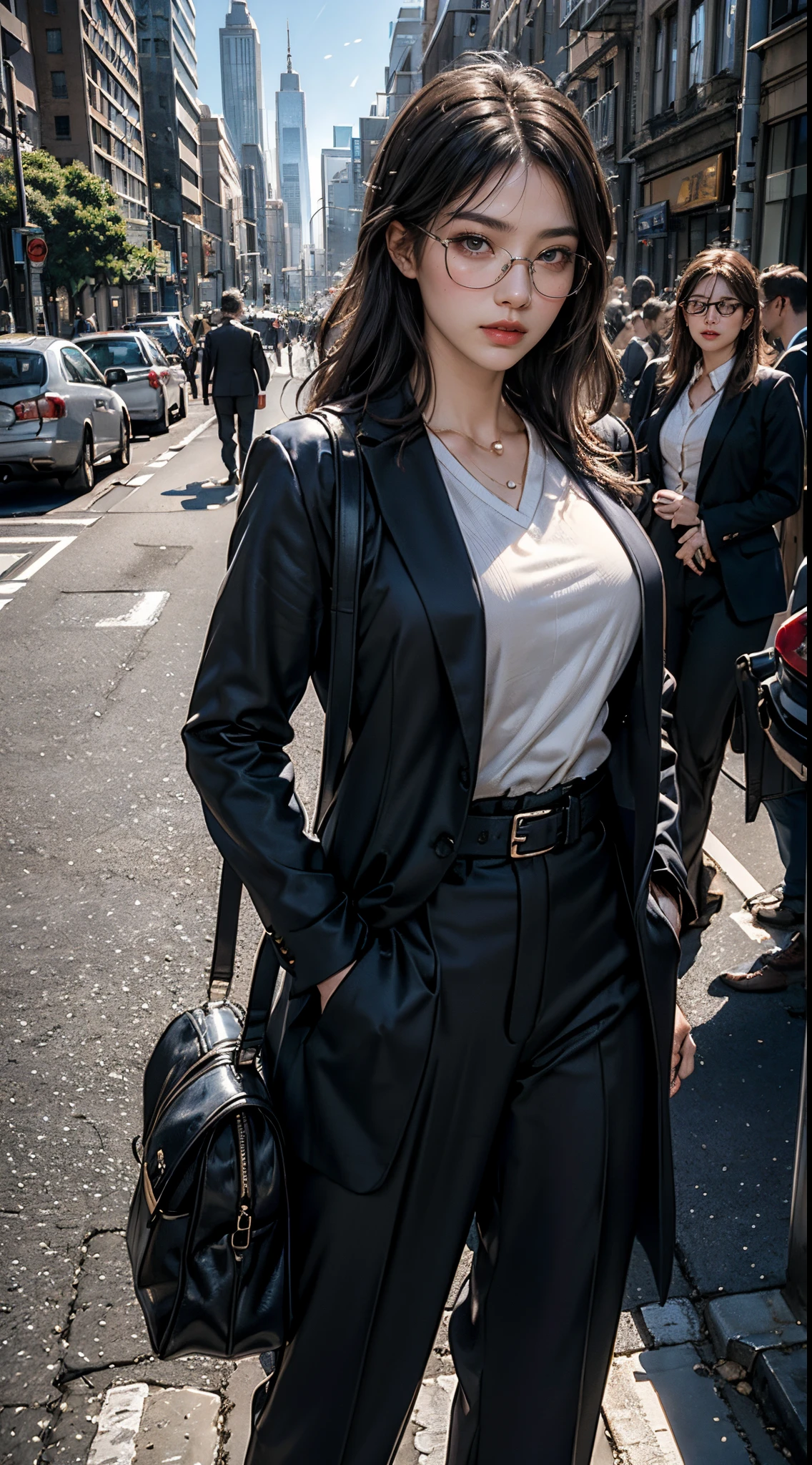 8k, top-quality, (pubic hair beauty)、hight resolution, 逼真, realperson, the met、Bustling street、(((50 year old female detective chief)))、full bodyesbian、The incident has been resolved and things are calming down.、((Wearing a high-end suit))、(((Lunette de soleil)))、Smoking、Hot face