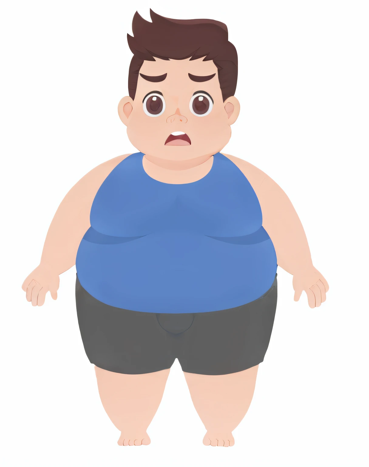 Cartoon fat man wearing blue shirt and black shorts, super heavy!!  boy, fatness ), fatness, Obese people, super heavy, fat figure, Morbily obese, succulent person，There are extra limbs, super heavy, Fat woman, Fat belly, Complete character body, short young man, full body single character, muscular character, Strong Fat Dionysian Body, Extreme obesity