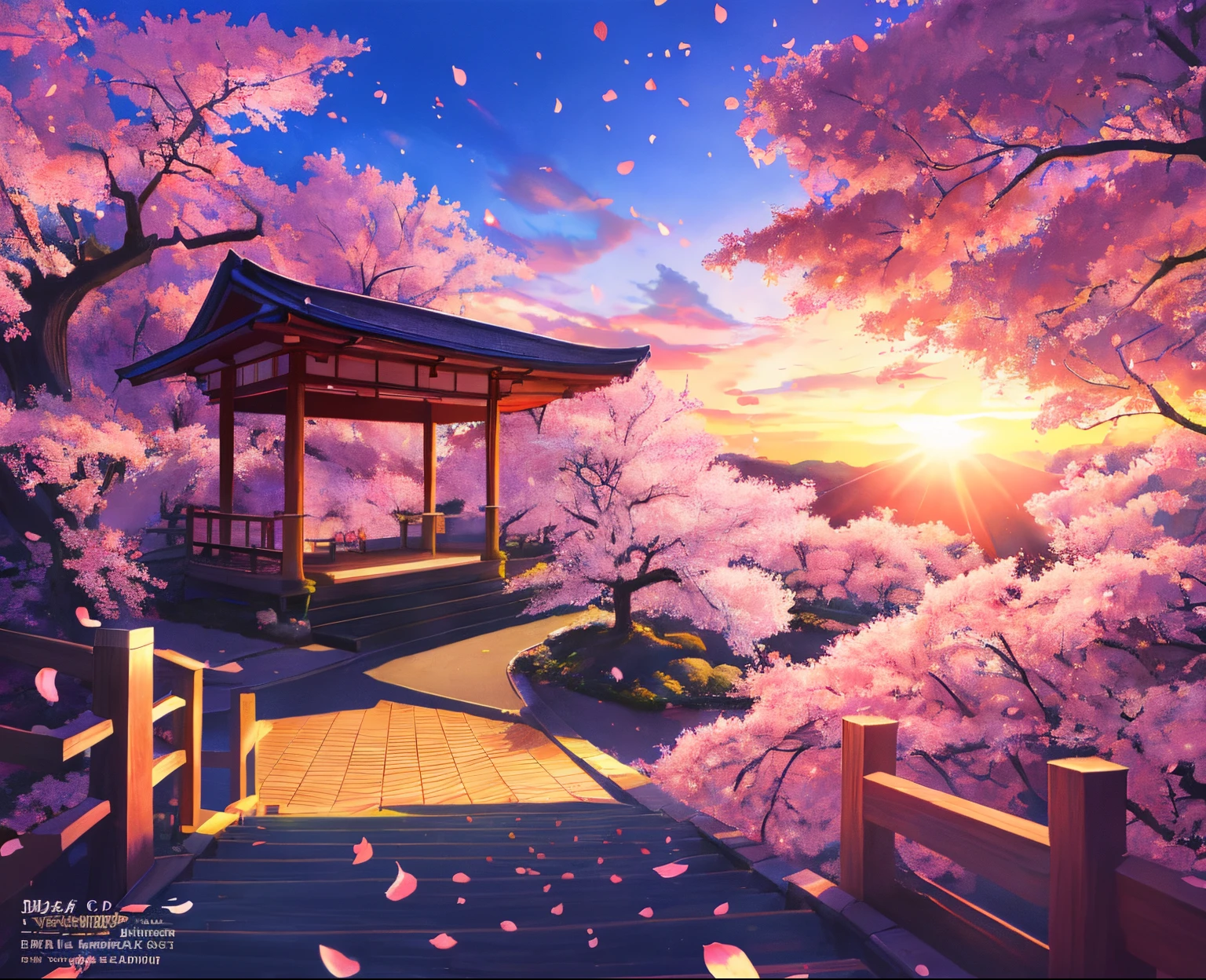(Photorealistic:1.2), illustratio:Hidenori Matsubara, A vibrant fantasy landscape, cherry blossom petals falling, Illuminated by a warm and inviting sunset, Smooth shadows and textures, and a subtle glow