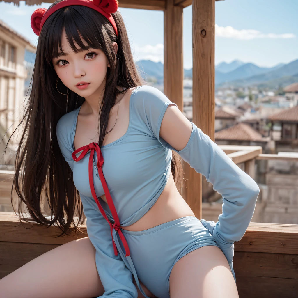 Light blue and pink color scheme,Sexy girl ,tiny body,Petite,tmasterpiece, Best quality at best,1个Giant Breast Girl, red bowtie, the bow, long whitr hair, hair pin, Ainu clothing, Alone, shairband, The bird, brunette color hair, Fingerless gloves, short- sleeved, mitts, Sash, trouser, By bangs, red hairband, arma, boobgasm, Brown eyes, white pantie, komono, nakoruru, light smile, offcial art, Good composition, official pose, Detailed portrait, sportrait, bokeh, Clouds and mountains background, samurais, onmyoji style, A high resolution, Dramatic lights and shadows, sunflare, blurryforeground