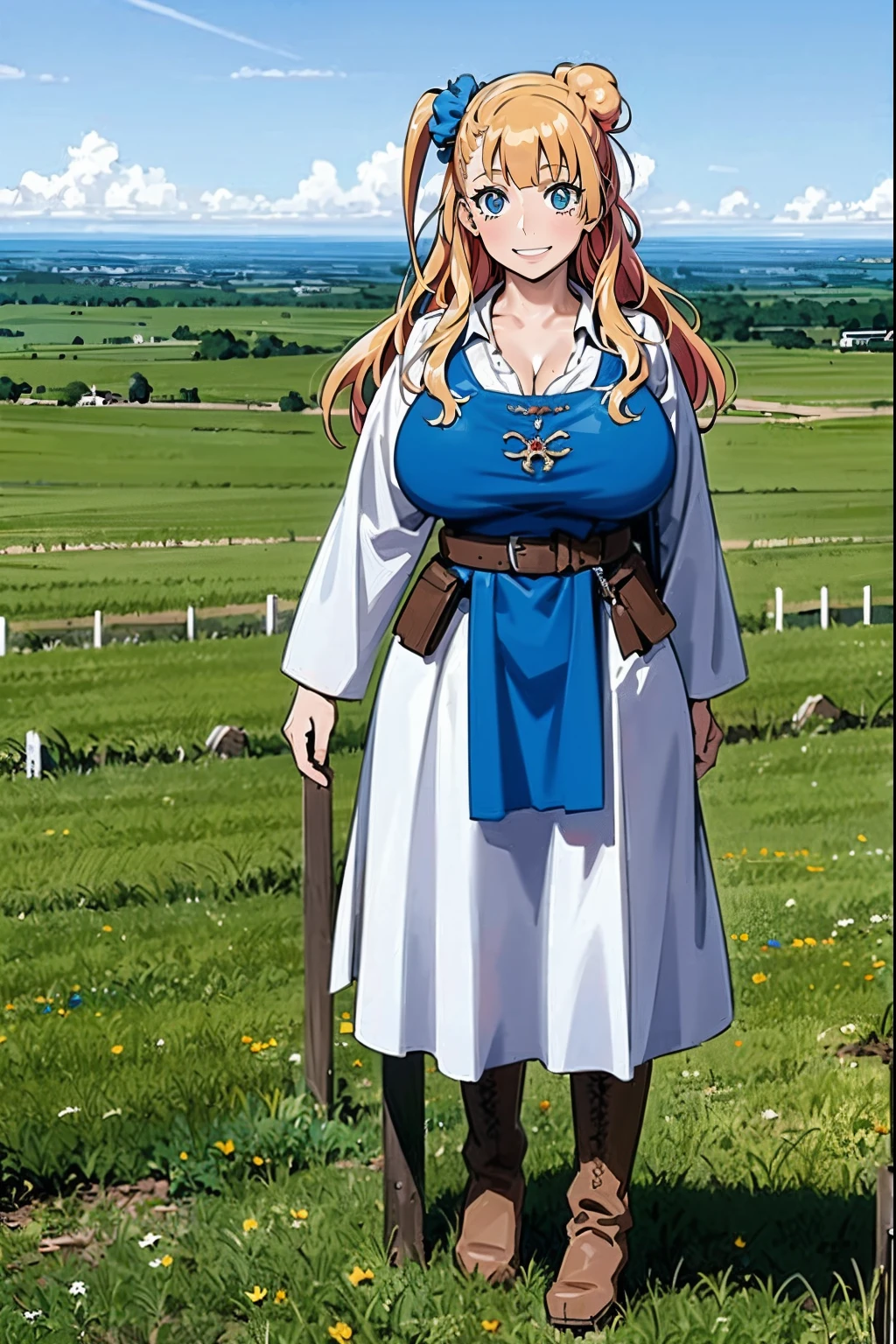 galko,1girl, solo, smile, full body, standing, long skirt, priestess, religious, holy, cute, blush, ,tall female, medieval clothing, white veil, tunic, long skirt,boots, huge brest, curvy,