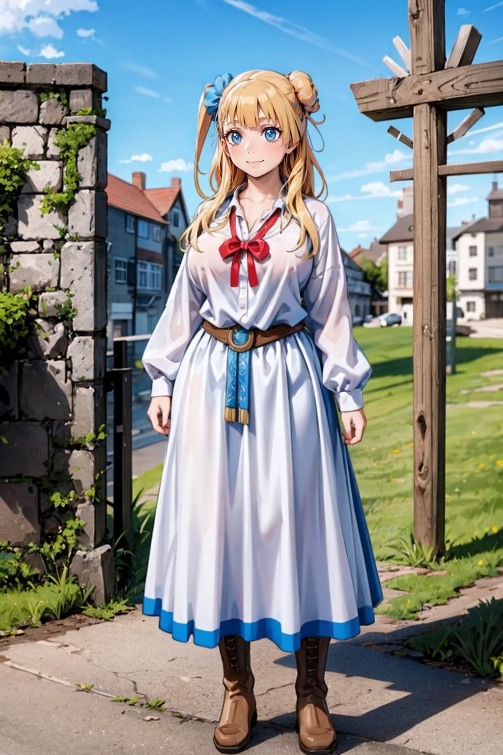 galko,1girl, solo, smile, full body, standing, long skirt, priestess, religious, holy, cute, blush, ,tall female, medieval clothing, white veil, tunic, long skirt,boots, huge brest, curvy,