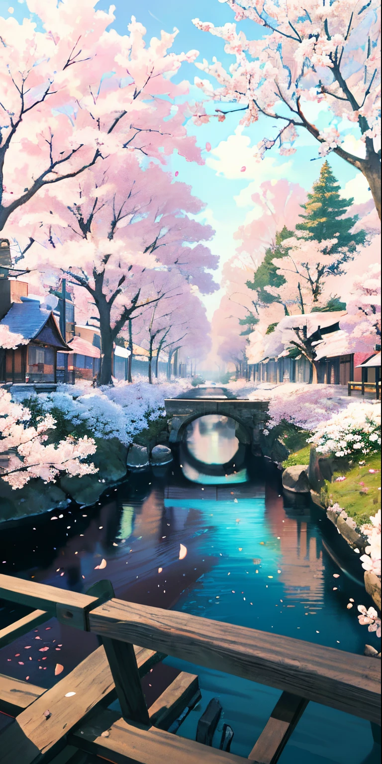 original,(illustration:1.1),(best quality),(masterpiece:1.1),(extremely detailed CG unity 8k wallpaper), (colorful:1.2), sakura tree, sakura petals,landscape, river|road,