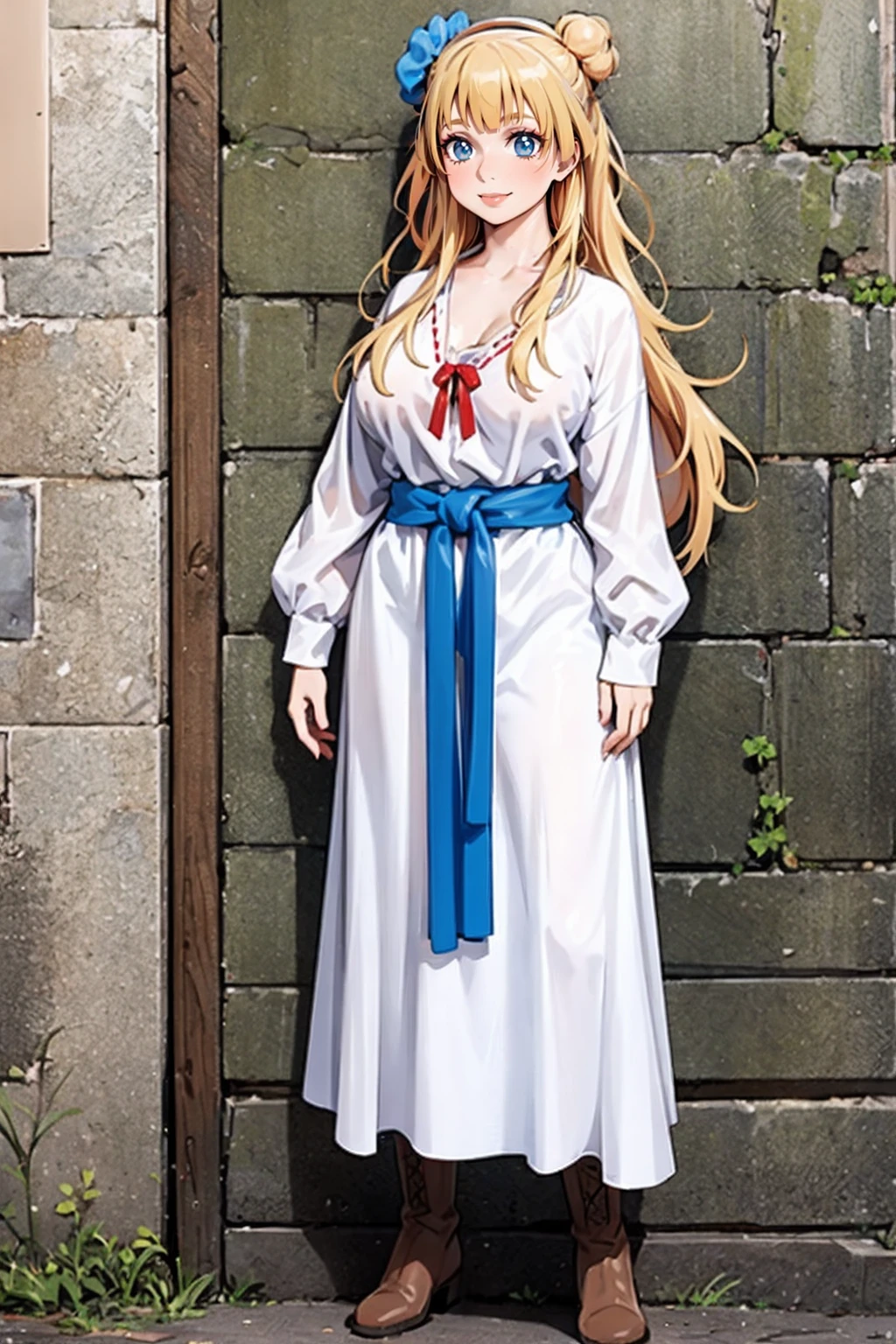 galko,1girl, solo, smile, full body, standing, long skirt, priestess, religious, holy, cute, blush, ,tall female, medieval clothing, white veil, tunic, long skirt,boots, huge brest, curvy,makeup, half red lips