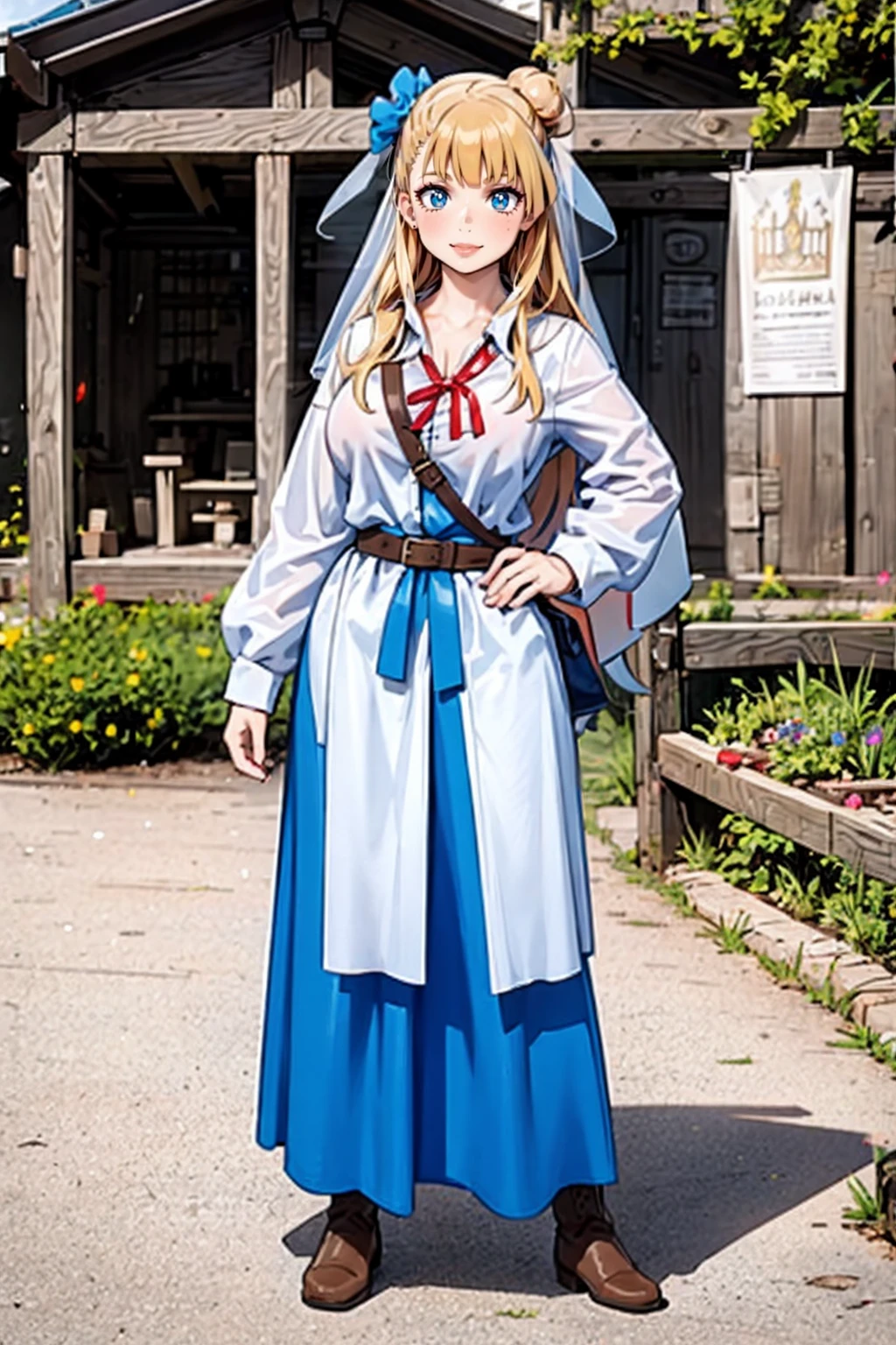 galko,1girl, solo, smile, full body, standing, long skirt, priestess, religious, holy, cute, blush, ,tall female, medieval clothing, white veil, tunic, long skirt,boots, huge brest, curvy,makeup, half red lips