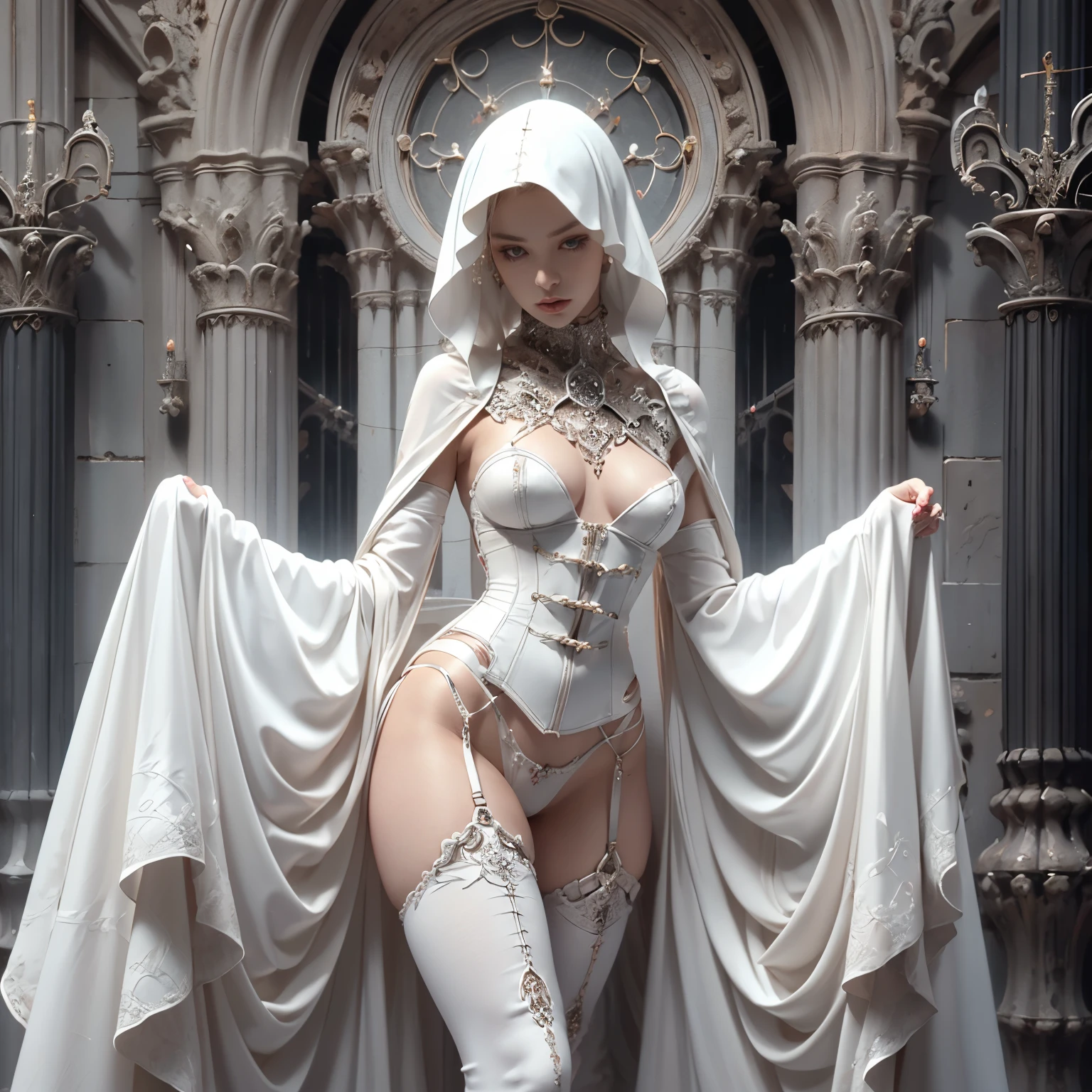 Japan maiden posing in pearl white leather corset,((small tits,well-shaped bust,slim body and constricted waist,,,,,,,,,,,,,,,,,,)),,,,,,,,, (((Absolute full-length images,front-facing view))),honey birdette, White silk panties&Transparent Panty House、 Sexy corset in white color, Medium, Long White Leather Boots, lace decoration ,Cybernetic style,nippless,short hair of dark chestnut color,,,,,,,,,,,,,Inside the cathedral