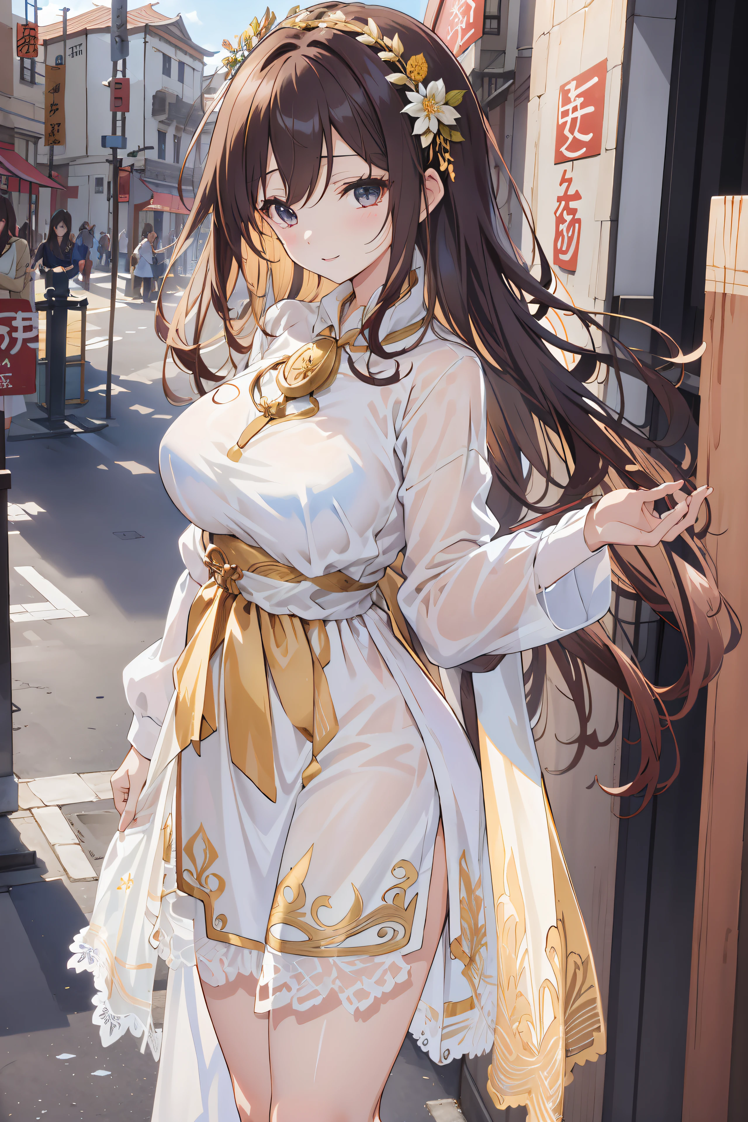 (masutepiece:1.2), (Best Quality:1.2), (((masutepiece))), (((Best Quality))), Perfect eyes, Perfect face, 22-year-old woman, Fantasy Medieval City Castle Town , ((medium large breasts))、Puffy nipple、Long wavy hair, dark brown hair, White and yellow lace dress、Gorgeous floral skirt, Hair Ornament, Detailed background, eyeshadows, Fantasy、sexy pose