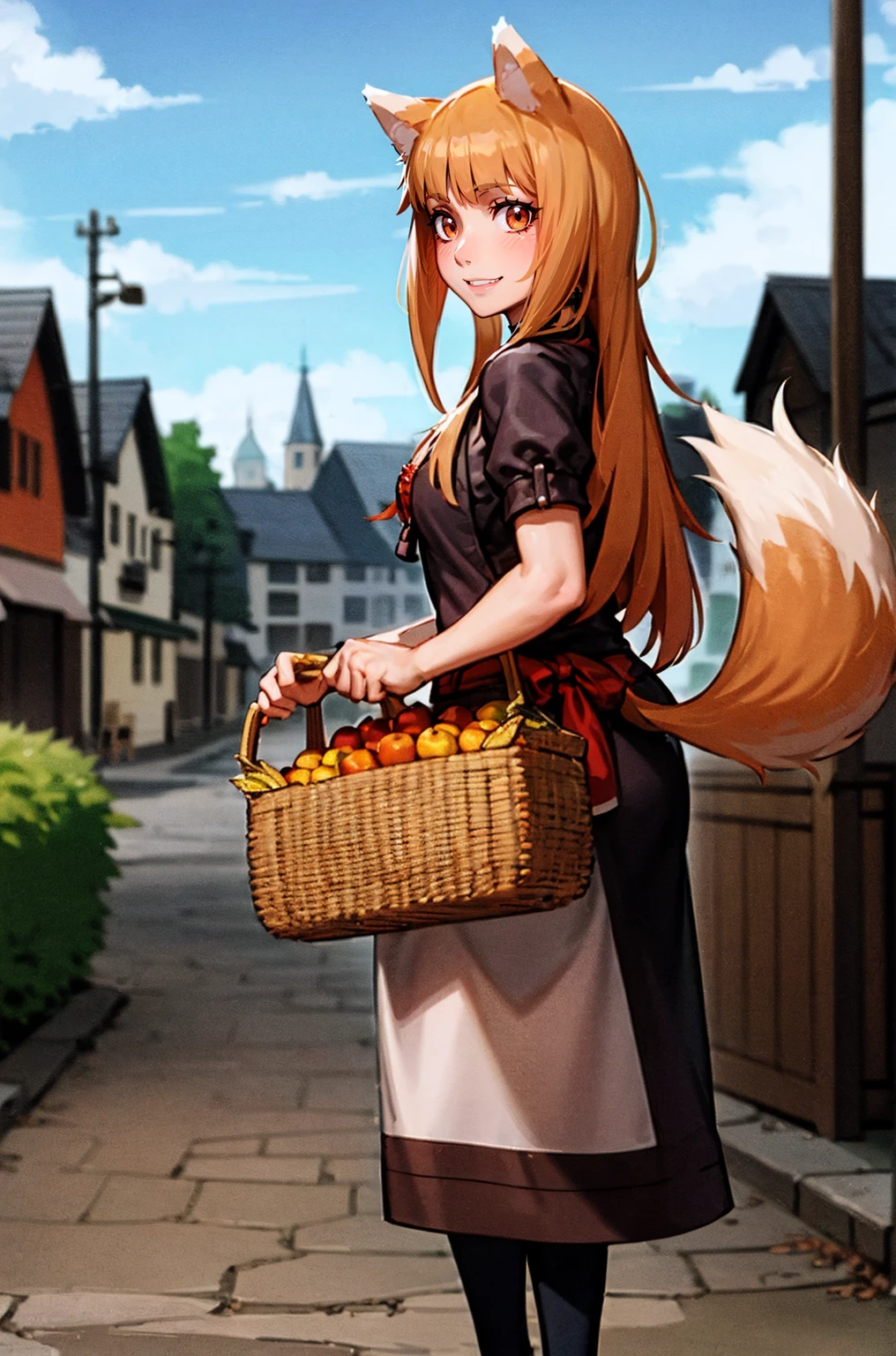 (holo:1.5), (holoBrownDress:1.5), masterpiece, best quality, absurdres, 1girl, looking at viewer, standing, cowboy shot, outdoors, medieval, cobblestone street, town, pouch, sash, smile, fruit, apple, basket,mediumbreast, curvy, silver hair, white hair, full body, flipflops,