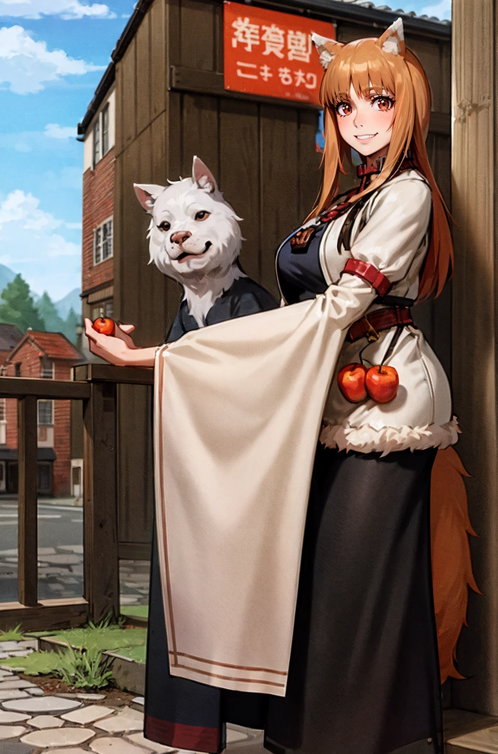 (holo:1.5), (holoBrownDress:1.5), masterpiece, best quality, absurdres, 1girl, looking at viewer, standing, cowboy shot, outdoors, medieval, cobblestone street, town, pouch, sash, smile, fruit, apple, basket,mediumbreast, curvy, silver hair, white hair, full body, flipflops,