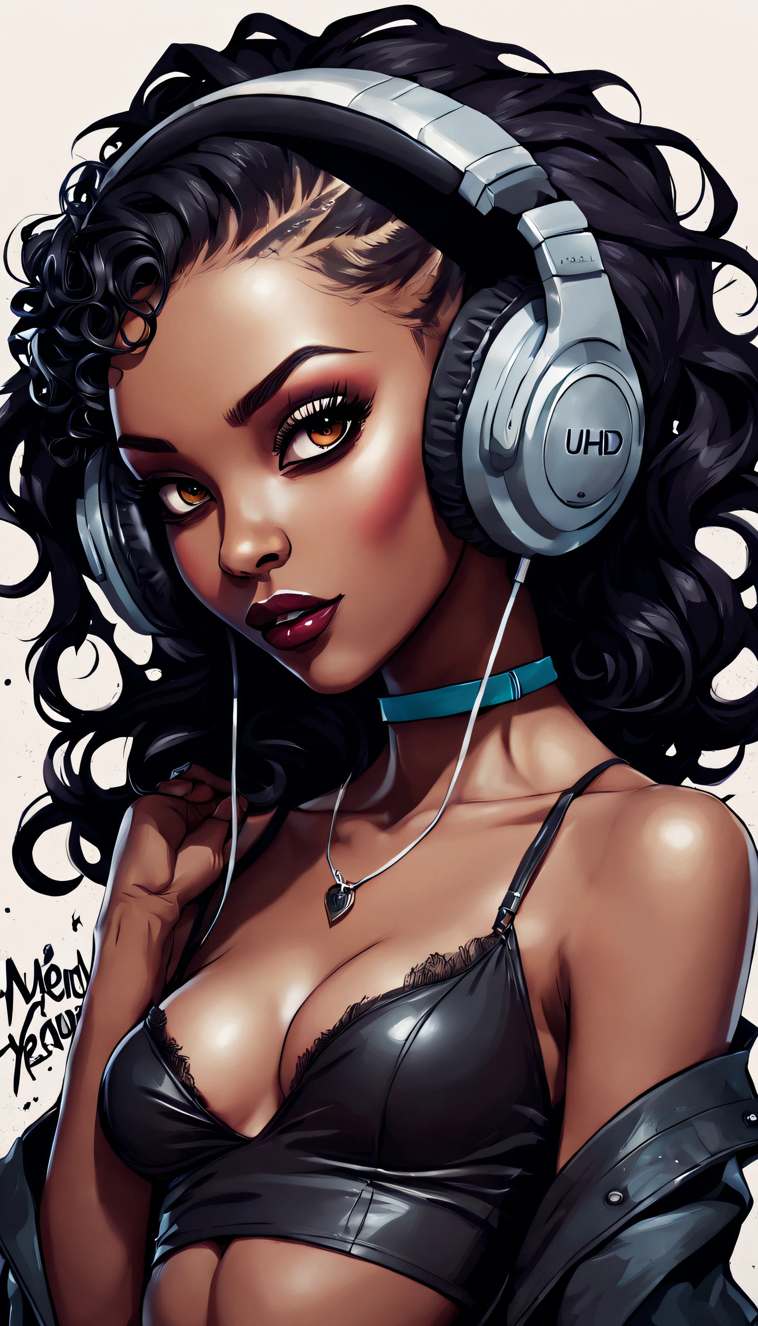 vintage, crop top design, full length, illustration, digital art, vector, vampiric colors, hand drawn, anime theme, intrigue, sketch, Rough sketch, mix of both styles, African woman smirking, beautiful, wearing headphones , bold on paper, goth attire, text theme, exuberant graffiti cover theme, detailed eyes, princess eyes, intricate skin, detailed skin, realistic skin, detailed face, UHD, 16k