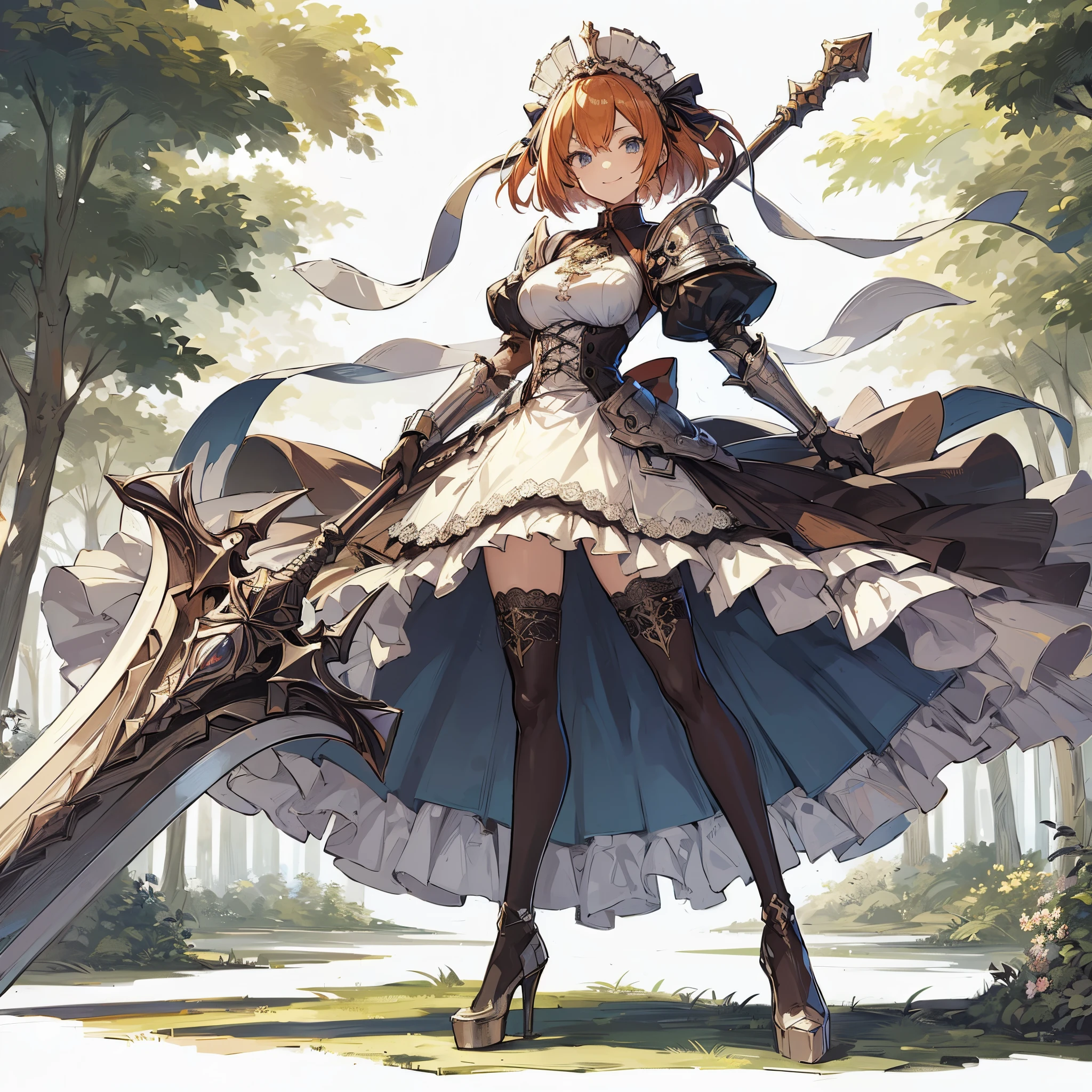 (masutepiece, Best Quality), (Perfect athlete body:1.2), (detailed hairs), Ultra-detailed, Anime style, Full body, Solo, fantasy housekeeper knight, Wear knight's armor over a housekeeper's uniform, Has a huge two-handed sword, Chestnut-colored short pigtail hair and housekeeper's headdress, standing in the forest, high heels boots, Digital Painting, 8K High Resolution, trend artstation, White background, Whole body,A triumphant smile