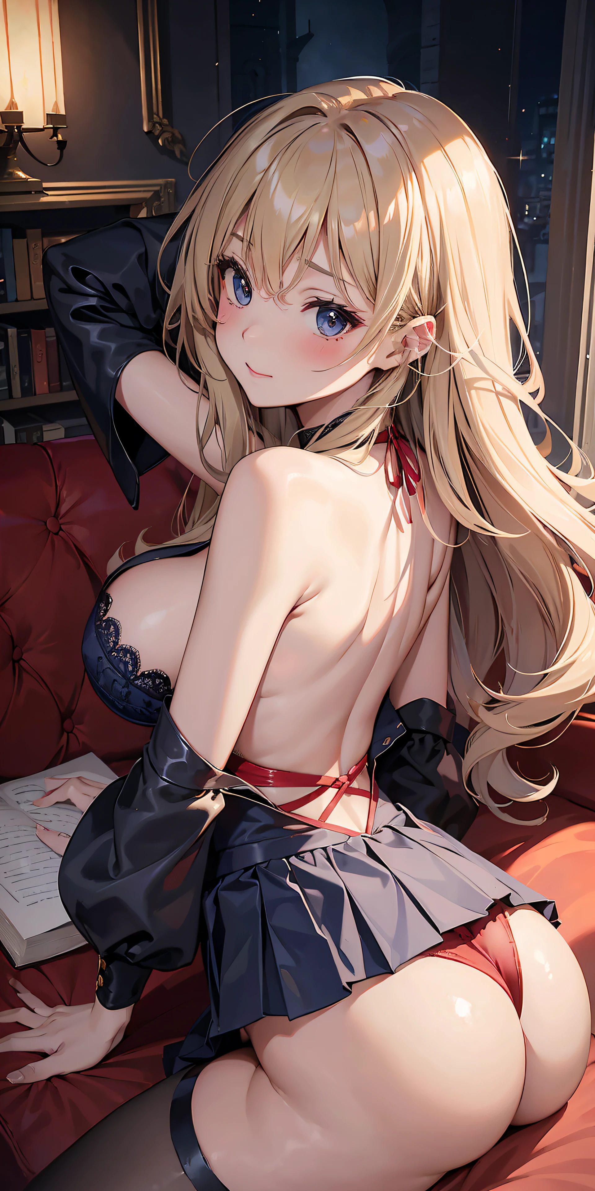 Adult Woman, Sexy Witch Cosplay, Long dark blonde wavy hair、off-shoulder knit, (darkblue pleated skirt), Medium milk, Blushing, Shy laughter, Bare shoulders、(Poses that emphasize breasts)、sexy hips、red lace brassiere、Red lace panties、Black High Heels、Luxurious magic wand and book、Lying on the sofa in the castle、sexy  pose、((buttocks visible))、((embarassed expression))