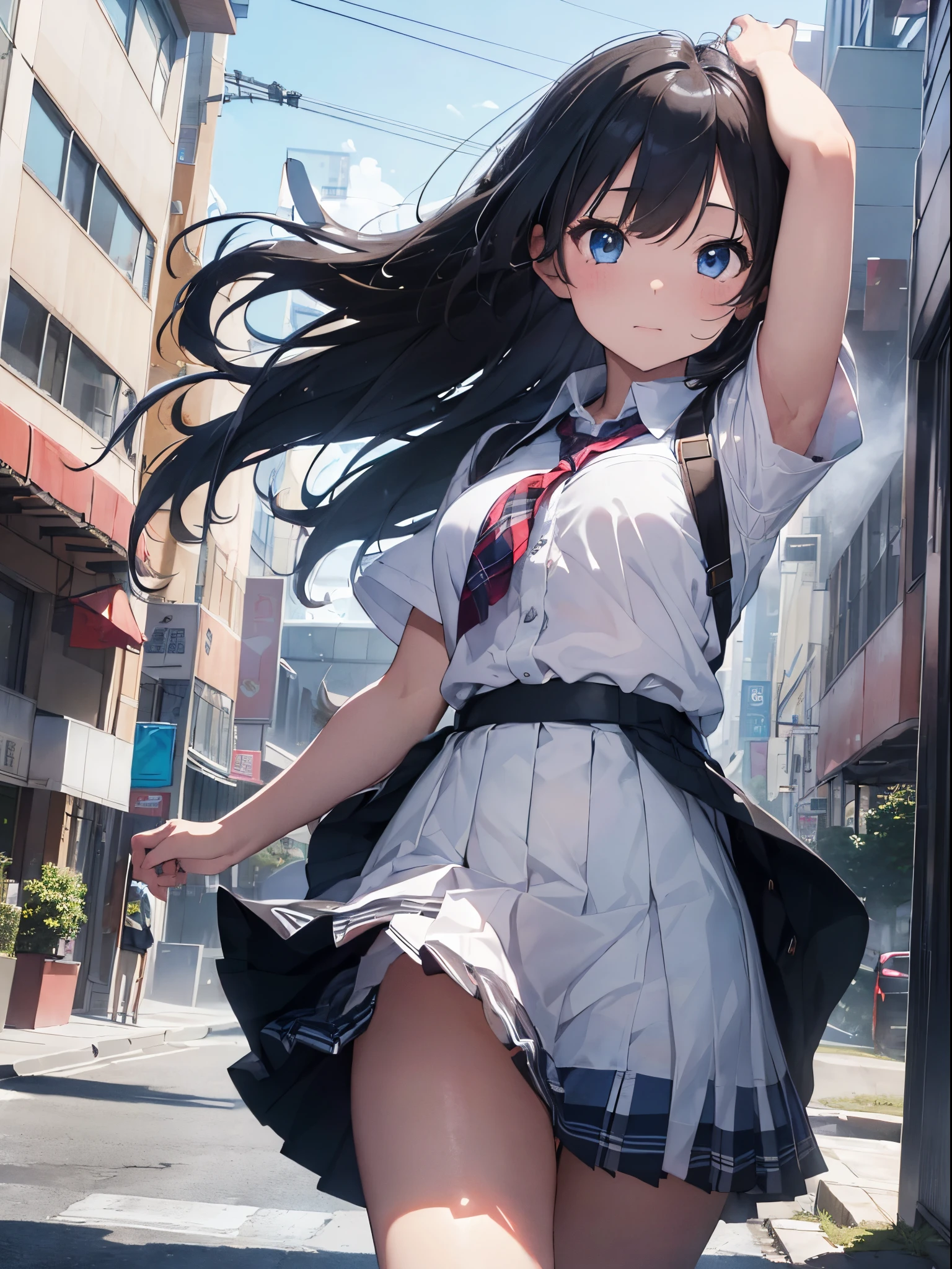 (8K、Raw photography、top-quality、​masterpiece:1.2)、Illustration Touch、ultra-detailliert、super A high resolution、high teen girl,rainbow color hair、azure eyes、In the street、High school students、school uniform、plaid skirts、((Skirts that turn over in strong winds))、(white panties)