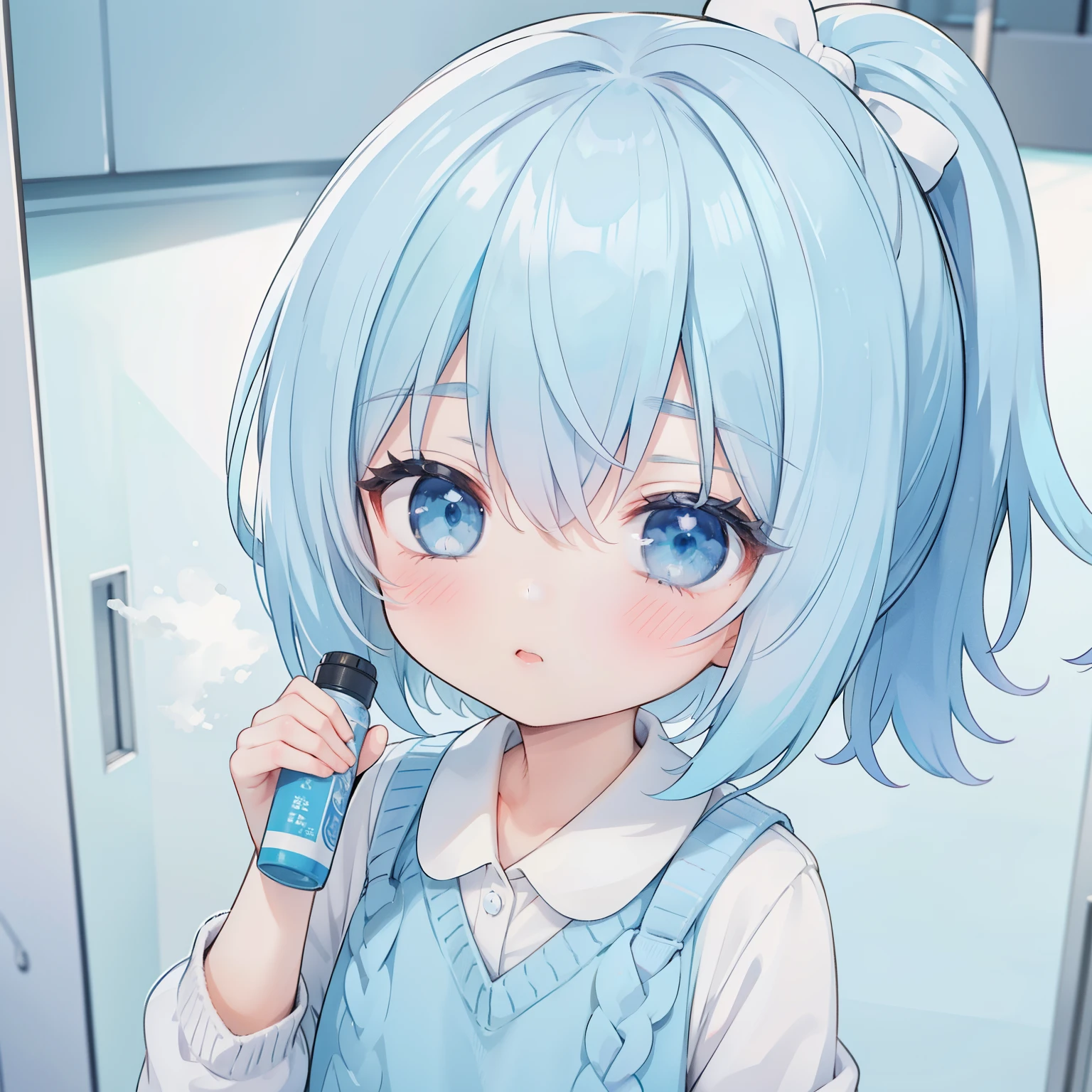 thin cute boy 12 years old in short green shorts, g white hair, turquoise eyes, embarrassed, Best quality,