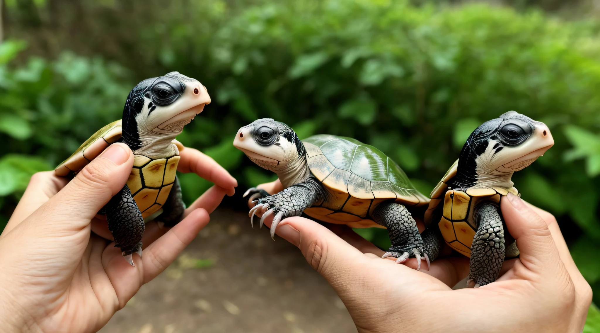 there are two turtles sitting on someone's hand, 🦩🪐🐞👩🏻🦳, Tartarugas, adult pair of twins, insectile forearms folded, Closeup!!!!!!, symmetric!!, hiperdetalhado!!!, hiperdetalhado!, holding it out to the camera, towards the camera, simetria!, eclosões cruzadas, hiperdetalhado!!