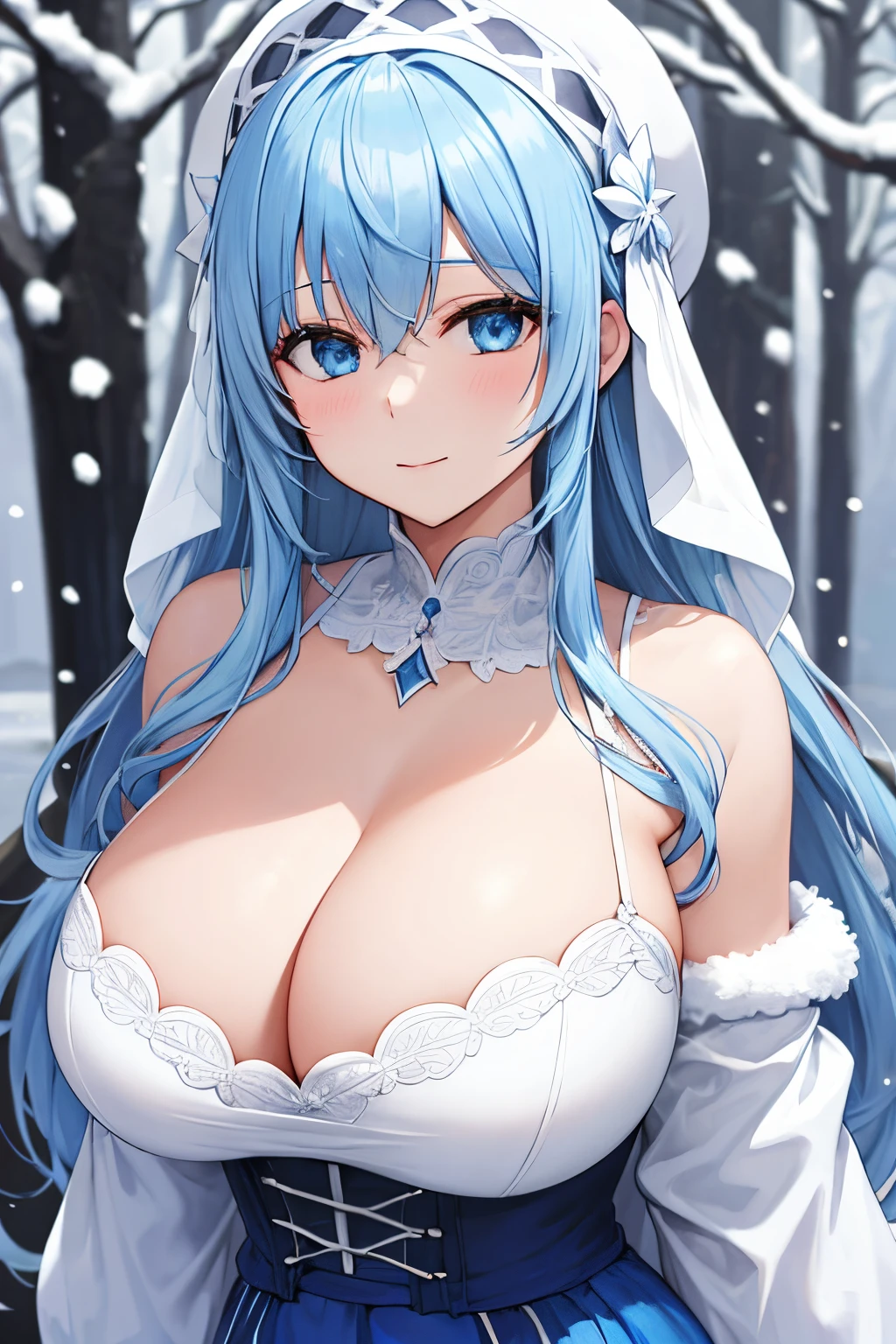 snow, snow woman, blue hair, beautiful girl, big breasts, cleavage,