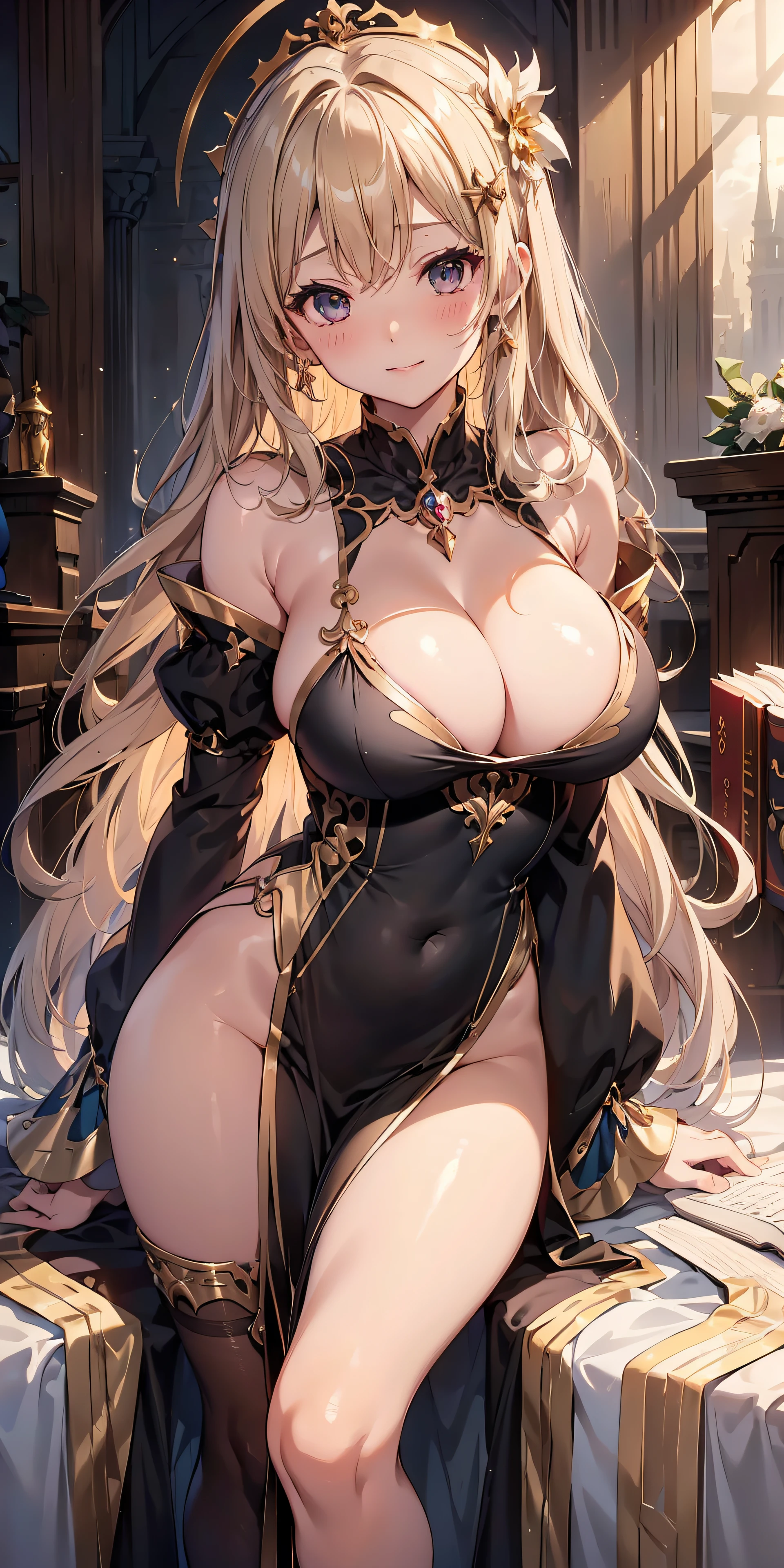 masutepiece, Best Quality, the Extremely Detailed CG Unity 8K Wallpapers, Beauty Priestess Costume, Long dark blonde wavy hair、gorgeous dress、Luxurious hair ornaments、Medium milk, Puffy nipple、Blushing, Shy laughter, Bare shoulders、sexy hips、high-heels、Luxurious magic wand and book、Church of the castle、sexy pose、(Poses that emphasize the buttocks)、Emphasis on the chest