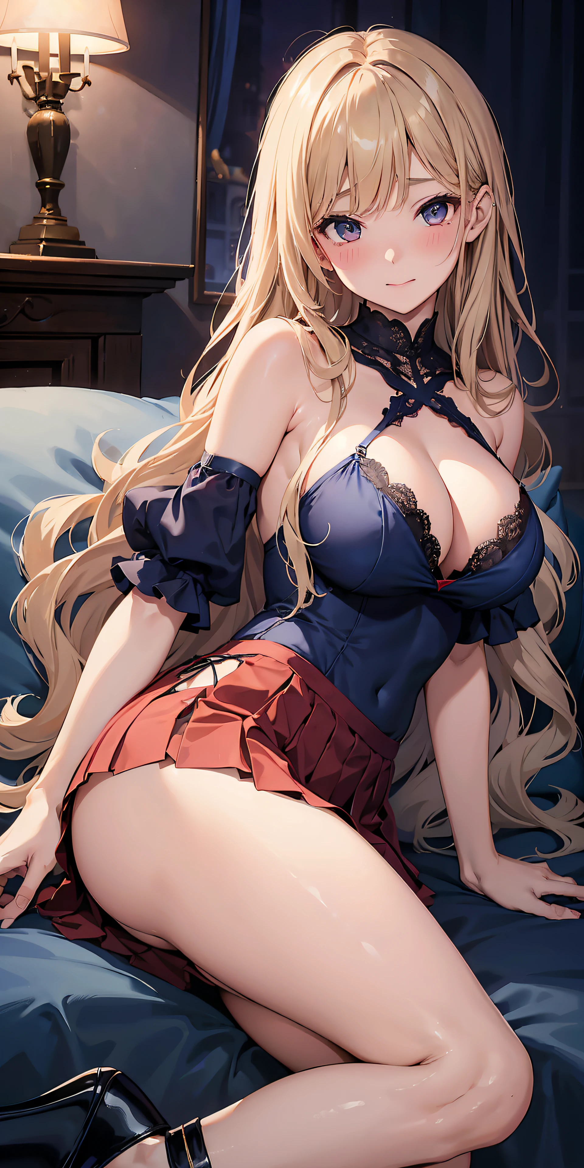 Adult Woman, Sexy Witch Cosplay, Long dark blonde wavy hair、off-shoulder knit, (darkblue pleated skirt), Medium milk, Blushing, Shy laughter, Bare shoulders、(Poses that emphasize breasts)、sexy hips、red lace brassiere、Red lace panties、Black High Heels、Luxurious magic wand and book、Lying on the sofa in the castle、sexy pose、((buttocks visible))、((embarassed expression))