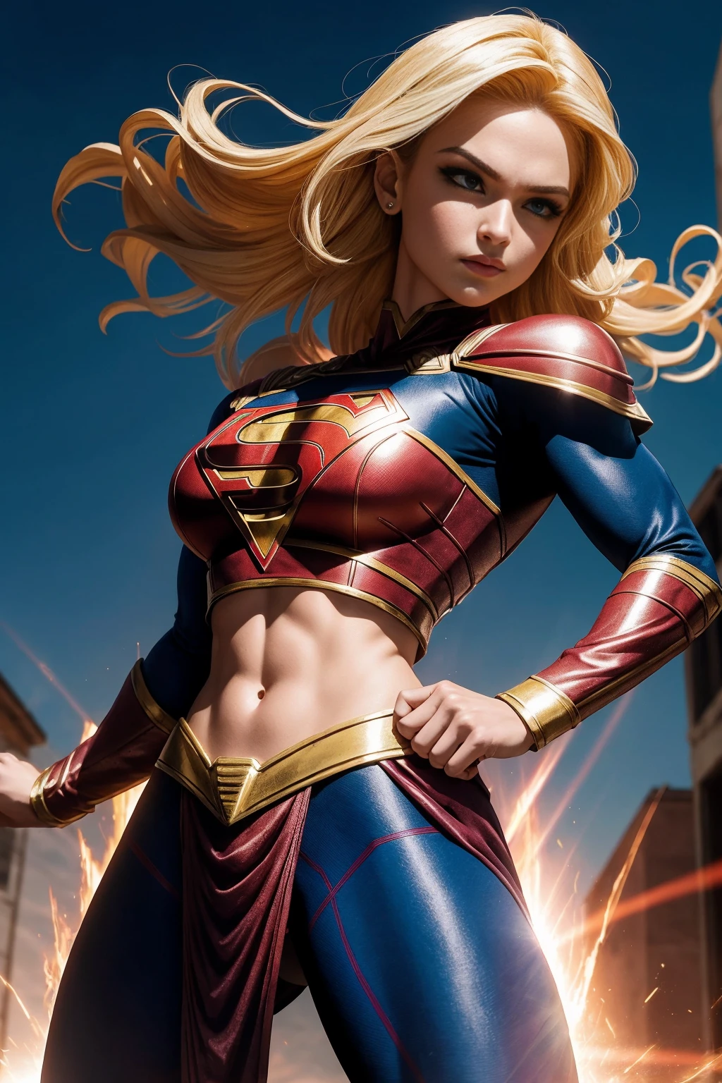 Android number 18 dragon ball z as supergirl,(best quality, Altas, vivid colors:1.2), ultra-detalhado,
Supergirl, Traje Skimpy, Midriff display, sexy, detailed facial features,
belos olhos detalhados, beautiful detailed lips, long eyelashes,
confident expression, cores brilhantes, fundo vibrante, flying in sky,
dynamic pose, Strong physique, Flowing blonde hair, postura poderosa,
luz solar intensa, Shadows Dramatic, Comic book style