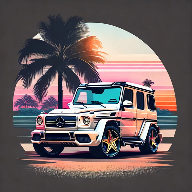 T-shirt graphic design artwork，retro graphic design，Mercedes G63，Miami Street，Soft four colors，retro pastel tones，Highly detailed cleanliness，Vector Image，Photorealistic masterpiece，professional photoshooting，realistic cars，Simple car sunrise background，Flat black background，isometry，vibrant vector