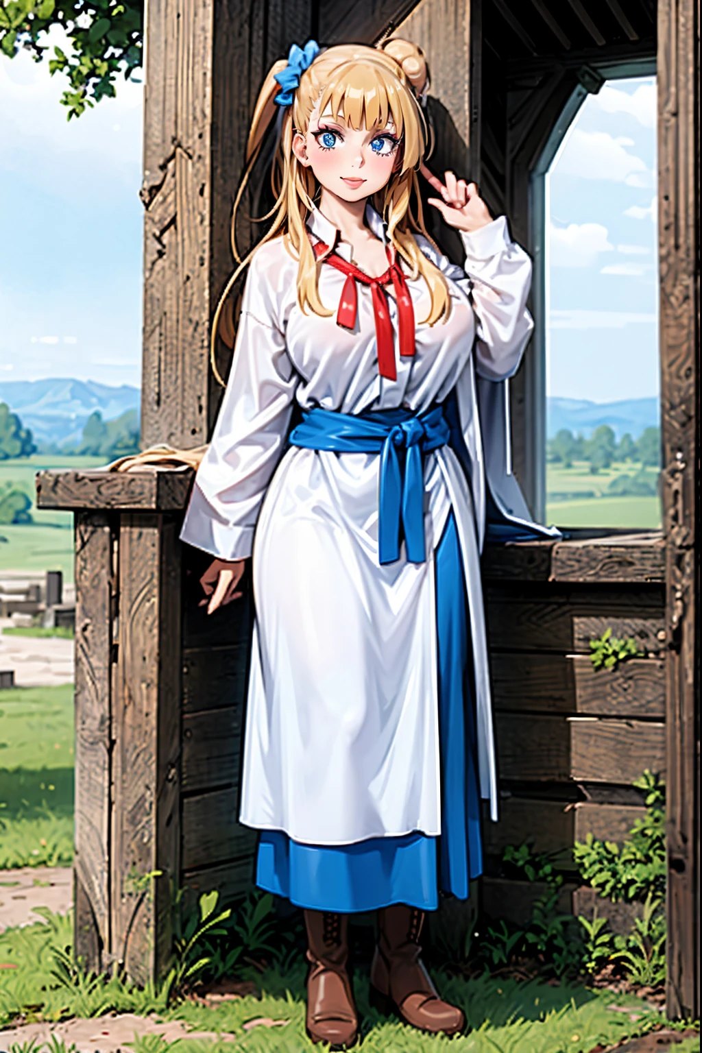 galko,1girl, solo, smile, full body, standing, long skirt, priestess, religious, holy, cute, blush, ,tall female, medieval clothing, white veil, tunic, long skirt,boots, huge brest, curvy,makeup, half red lips