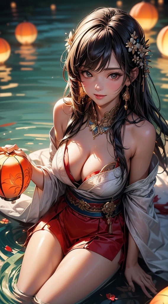 (((8k wallpaper of extremely detailed CG unit, masterpiece, 超A high resolution:1.2, top-quality:1.2, masutepiece, textures and maximum detail))), ((extremely beautiful lady, seductively smiling, A dark-haired, white kimono and red belt:1.2)), ((The best lighting, extremely detailed beautiful face, Highly detailed black eyes, Very beautiful body, Top quality real texture skins)), (Exposed cleavage, Exposed shoulders and legs), paper lanterns:1.2, Eau, playing in the water, florals, Water surface reflection:1.2, hyper realisitic, digitial painting,