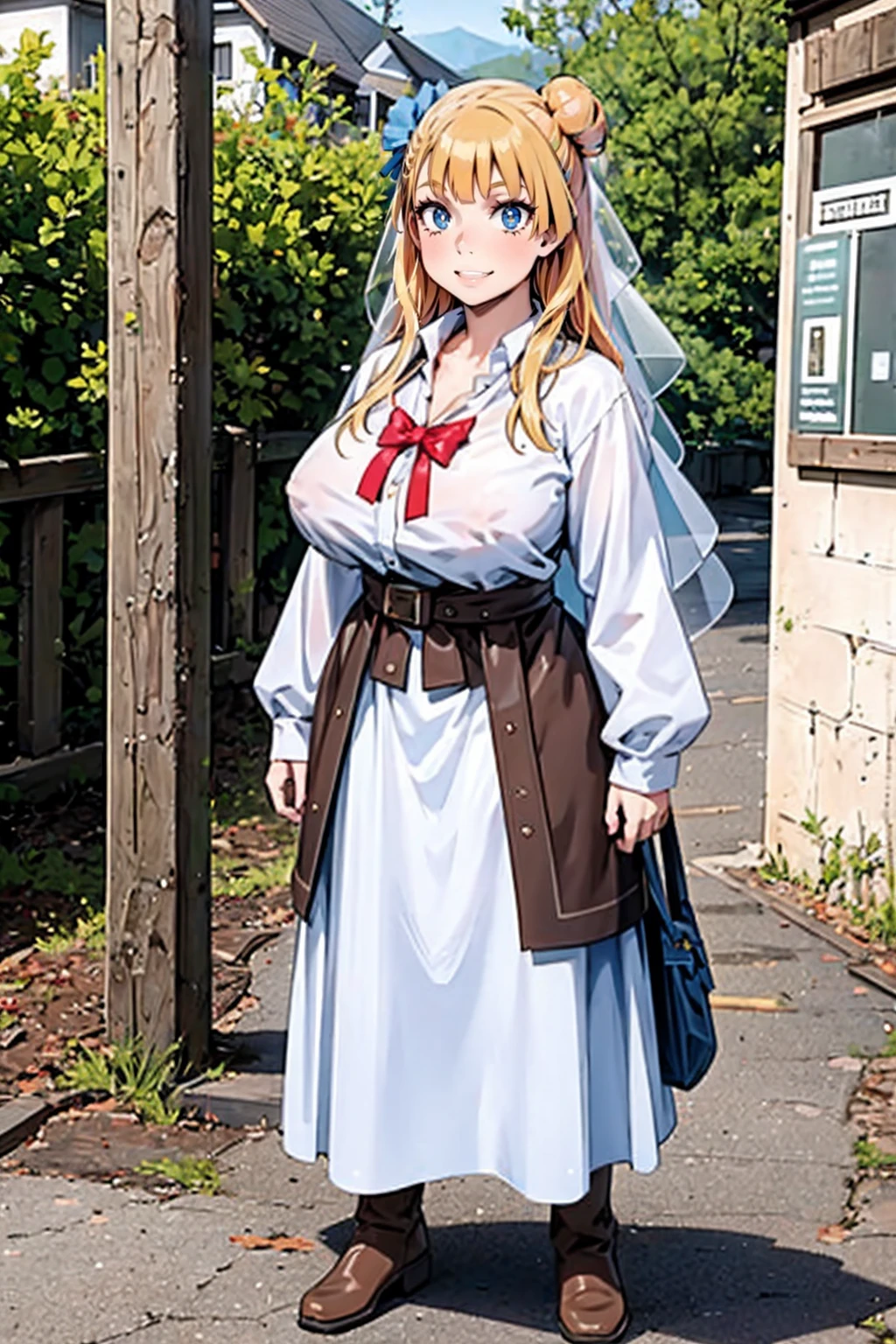 galko,1girl, solo, smile, full body, standing, long skirt, priestess, religious, holy, cute, blush, ,tall female, medieval clothing, white veil, tunic, long skirt,boots, huge brest, curvy,