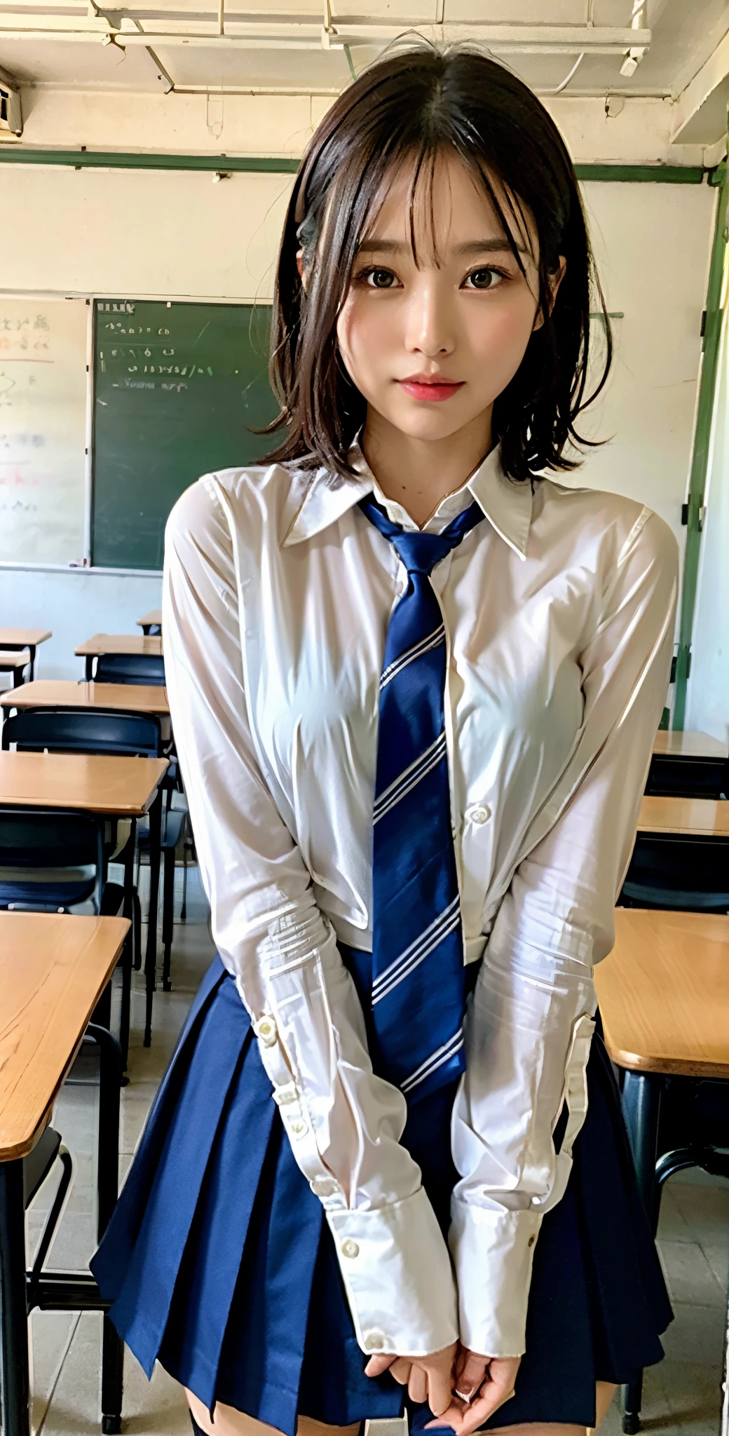 ulzzang-6500-v1.1, (Raw photo:1.2), (Photorealsitic), a beautiful detailed girl, extremely detailed eye and face, beatiful detailed eyes, huge filesize, hight resolution, ighly detailed, top-quality, [​masterpiece:1.6], illustratio, ighly detailed, CG, finely detail, top-quality, 8k wallpaper, Cinematographic lighting, 1girl in, 17 age, perfect body type, Cute drooping eyes、Beautiful big eyes、Sweaty and wet、【sexual excitement:1.6】、(the whole body is wet:1.2)、Light in the eyes、short-hair、hi-school girl、(Japan School Uniform、Blouses and skirts、Ultra-realistic stockings:1.3)、‎Classroom、dynamicposes
