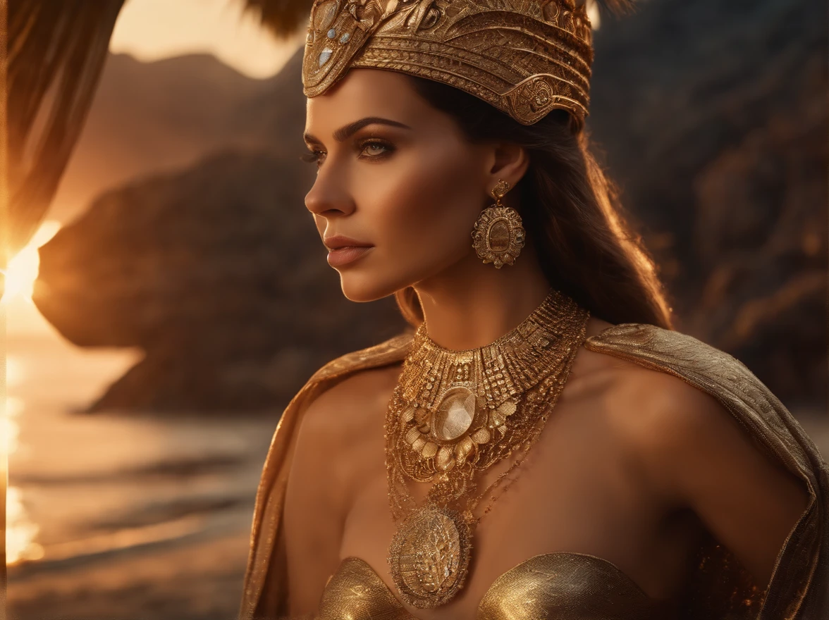 hyper realistic, ultra detailed photograph of an woman with in futuristic headdress inspired by an ancient Egypt queen, Cleopatra, decoration, snake, gold, silver, stones, scarab beetle, microchips, integrated electric circuits, long sexy golden skirt,slightly brown skin, natural tits, dark hair, Salma Hayek look, golden jewelry, golden underwear string, shiny, sunlight fractal details, (Anna Steinbauer:1.5), depth of field, HOF, hall of fame, detailed gorgeous face, background a beach with a warm sunset, palm trees, warm orange sun, natural body posture, professional photographer, captured with professional DSLR camera, ((from behind), ((back view)), trending on Artstation, 64k, ultra detailed, ultra accurate detailed, bokeh lighting, surrealism, Thomas Kinkade background, urban, ultra unreal engine, ((Pauline Voß)), ((Pascal Quidault)), ((Anna Helme)), Martina Fackova, intricate, epic, freckles, peach fuzz, detailed mascara, full body