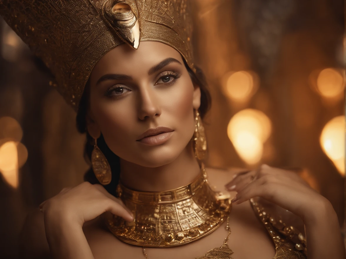 close-up, absolutely naked cute sexual girl , smells gold rose in her hand and looking at me, flirt, cyberpank gold decorations on body,against the backdrop gold Egyptian columns, ultra high quality detailing