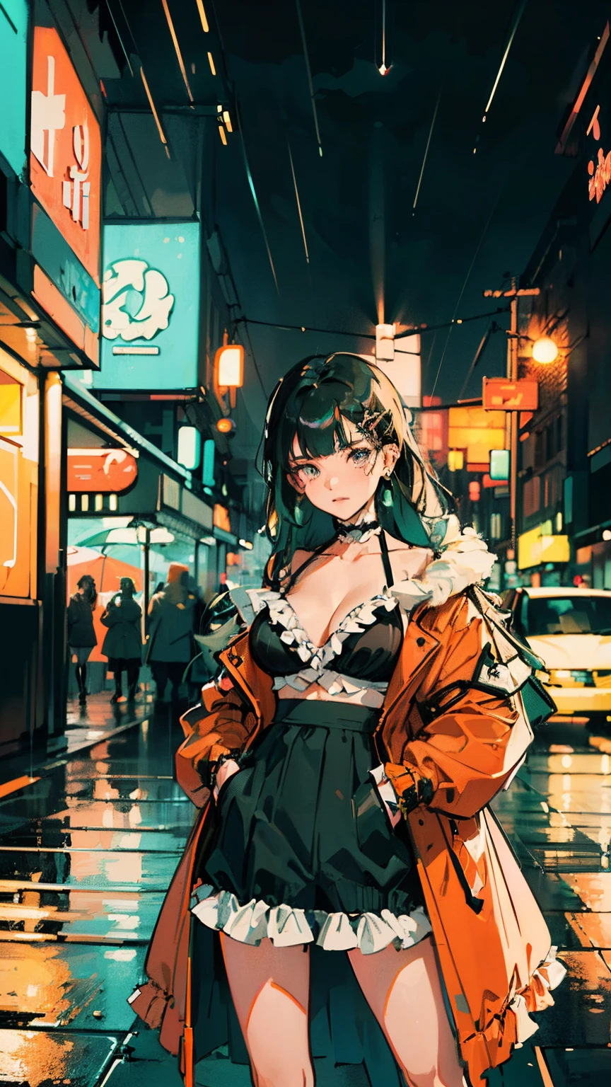 ((((frills, bikini cover eyes,heavy rain,))))((hands in pockets,))(Masterpiece illustration,Beautiful and aesthetic:1.2,aim to viewers), Best quality,Top quality, Epic quality,((((valley,heavy rainy night in a cyberpunk city with glowing neon lights,outdoor,))))(moonlight,moon glare, god light,at night,upper upper shot,focus on face,))Neat face,underage,mature,Beautiful detailed hair,green hair,hyper HD, retinas, Textured skin, A high resolution, 16k ,((hairclip,blunt bangs,sidelocks,middle hair)),Detailed face, 1JK, lady,Solo, Perfect face, Very amazing girl,((bloomers,high waist skirt,orange streaked black coat,large cloak,metal earrings,spiral earrings)),rim-light