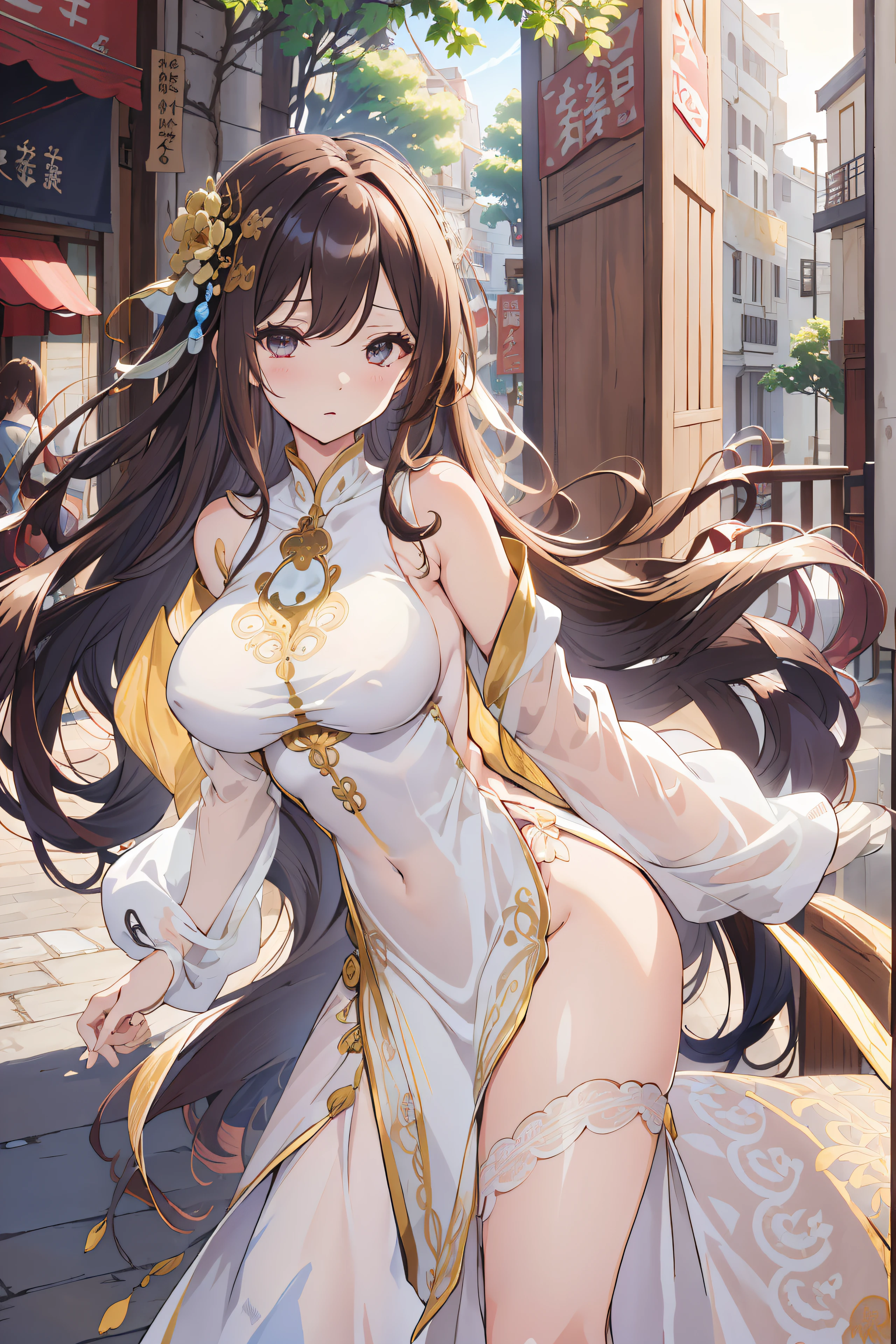 (masutepiece:1.2), (Best Quality:1.2), (((masutepiece))), (((Best Quality))), Perfect eyes, Perfect face, 22-year-old woman, Fantasy Medieval City Castle Town , ((medium large breasts))、Puffy nipple、Long wavy hair, dark brown hair, White and yellow lace dress、Gorgeous floral skirt, Hair Ornament, Detailed background, eyeshadows, Fantasy、sexy pose