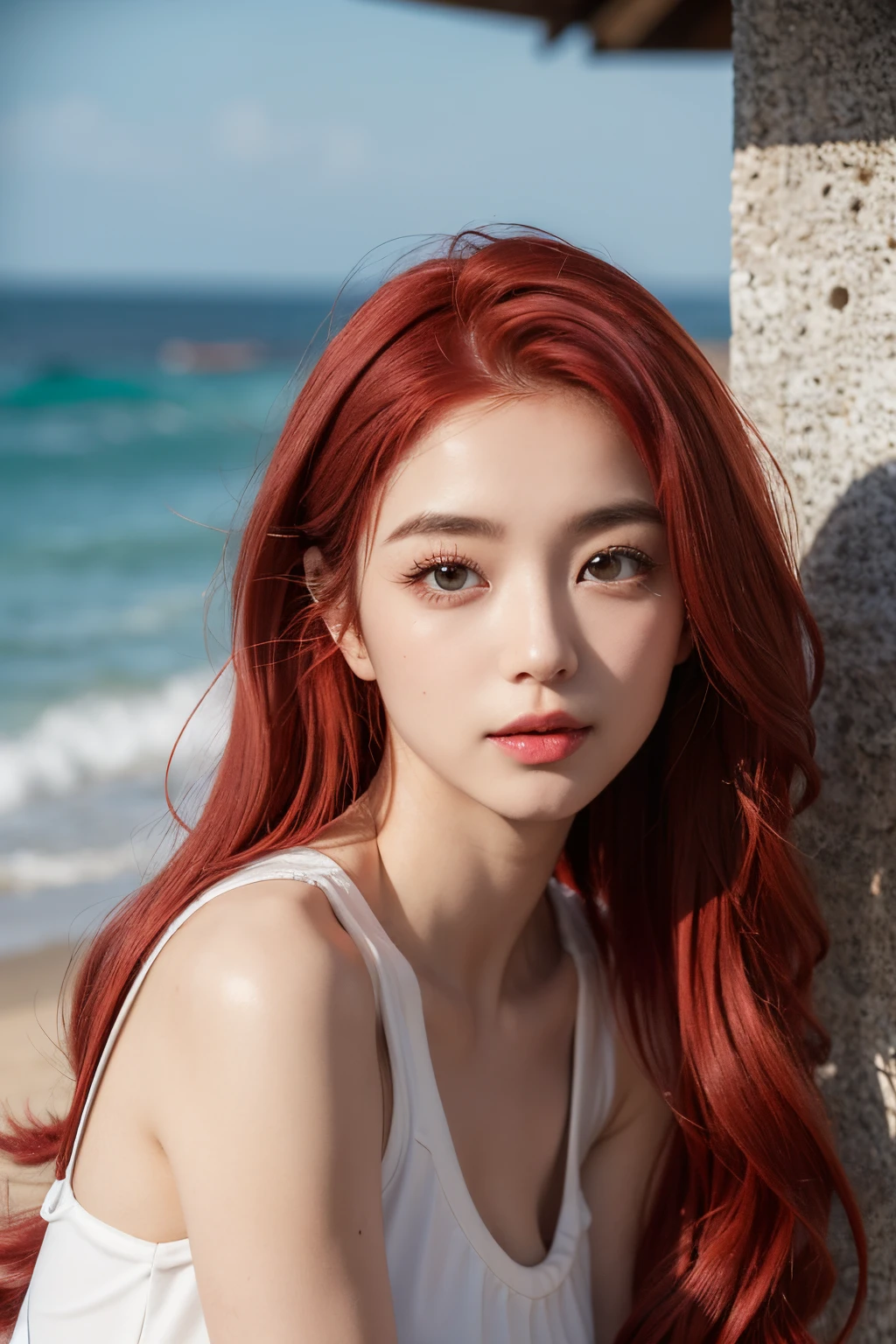 rapidly：sea beach, 比基尼, Long gray hair, (close your mouth:1.4), sitted,, (tmasterpiece, high high quality, Best quality:1.3), Detailed pubic hair, 25-year-old girl, (tiny faeries), (red hair clothing:1.4), almond eyes, Green-eyed, Long gray hair, [curlies], eyeshadow makeup, Height 162 cm, Goose egg face, Collapsed nose, heart shaped lips, arched eyebrows