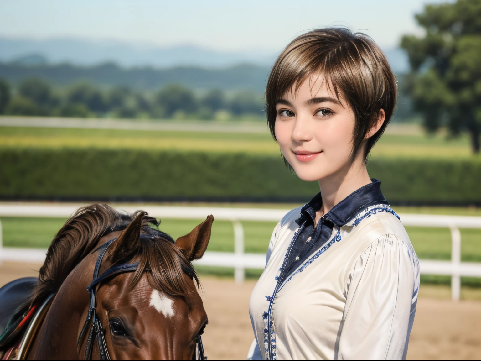 98
(a 20 yo woman,is standing), (A hyper-realistic), (high-level image quality), ((short-hair:1.46)), (Gentle smile), (Keep your mouth shut), (Riding a horse), (ride horse、horse racing、carriage)