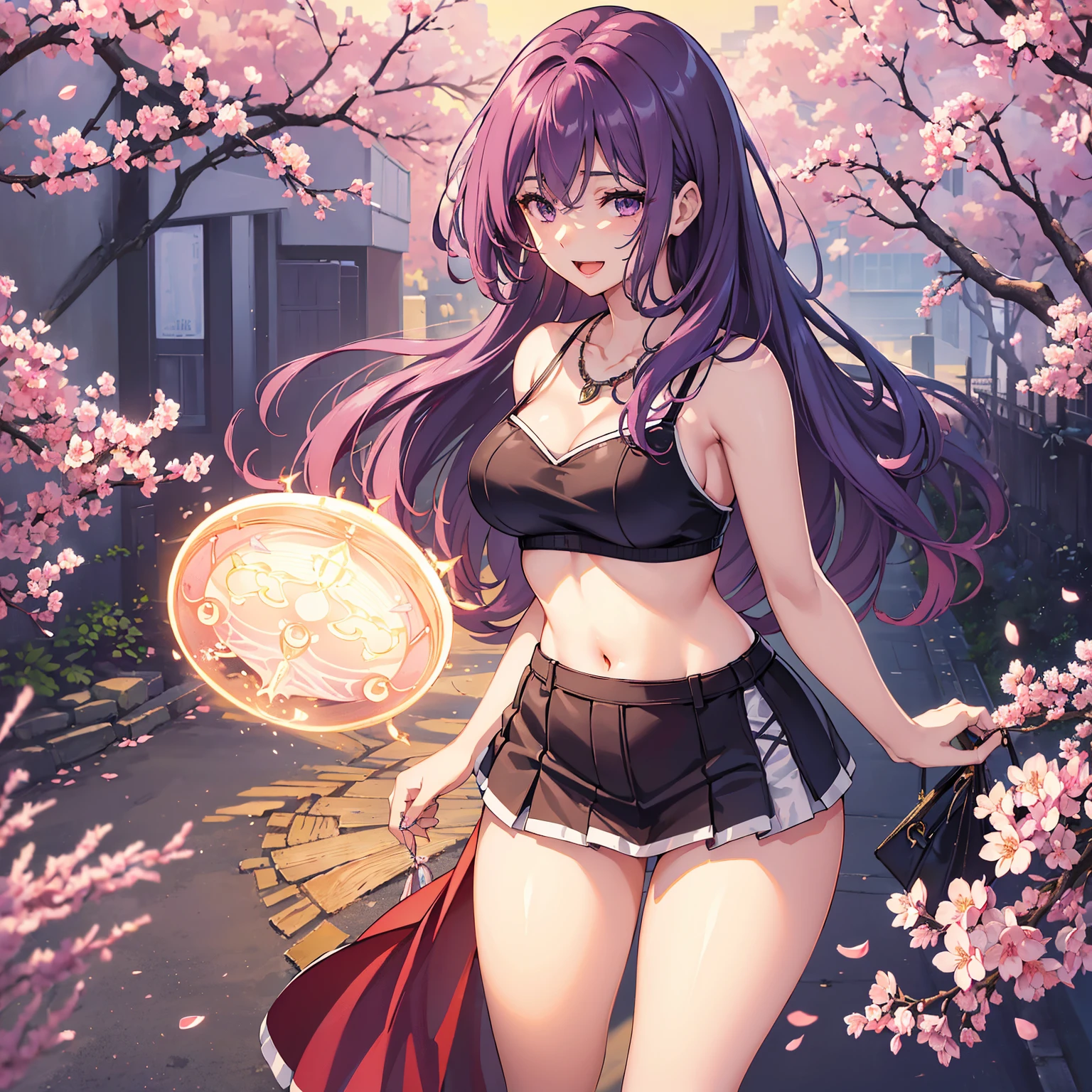 (top-quality、masterpiece、very high res、An ultra-high picture quality、High quality pixels)、(She is a mysterious and bewitching woman, And she is 18 years old,1 person,Single,独奏:1.5)、(She is a very beautiful woman with a beautiful face)、(Beautiful face written in detail,Beautiful body,Strong-willed eyes,Purple eyes,beautiful colored hair,Beautiful skin texture)、(Beautiful hair quality,Variety of hairstyles)、(She has a slender figure and her breasts are D cups)、(Bewitching look,Lovely smile,Smile, Open mouth,),(Sleeveless knitwear,a miniskirt,1 necklace,shoulders are exposed),(A path lined with flourishing cherry blossom trees,The cherry tree),(model poses,modelshoot,Magazine shooting,Hair flutters under the influence of the wind),The wind is blowing、Beautiful Art Style, an animated character、(The whole picture、Detailed picture、accurate anatomy、Defect-free images、extremely detailed picture、Accurate images、Perfect Image 1.5)、(Best Shot Photo 1.2)