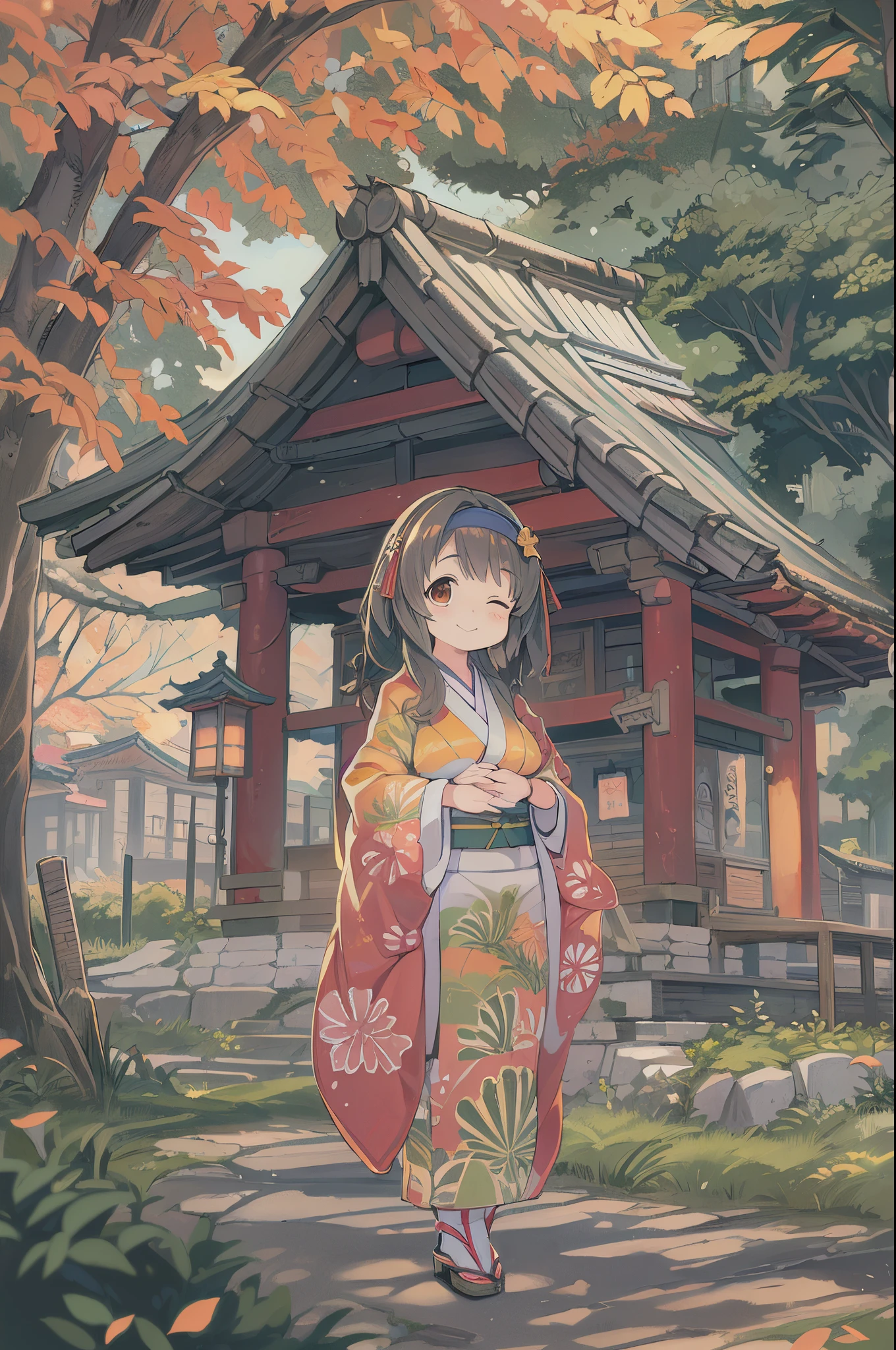 huge-breasted、kawaii、Sunny Clothes、japanese kimono、torii gate,((Oblique angle))、{{close up to face}}、one eye closed、8 years old girl、winking、A big smile、bbw、thick thight、big butts、Ultramammy,Chibi, autumn day,kaede、 Pines, Anime Background Art, japanese art style, beautiful anime scene, detailed scenery - width 672, Background art, Anime landscapes, Anime Background, Beautiful anime scenery, Beautiful peace scenes in anime, landscape artwork, Japan Village, Anime landscape concept art, 8K))、a lot of fallen leaves、