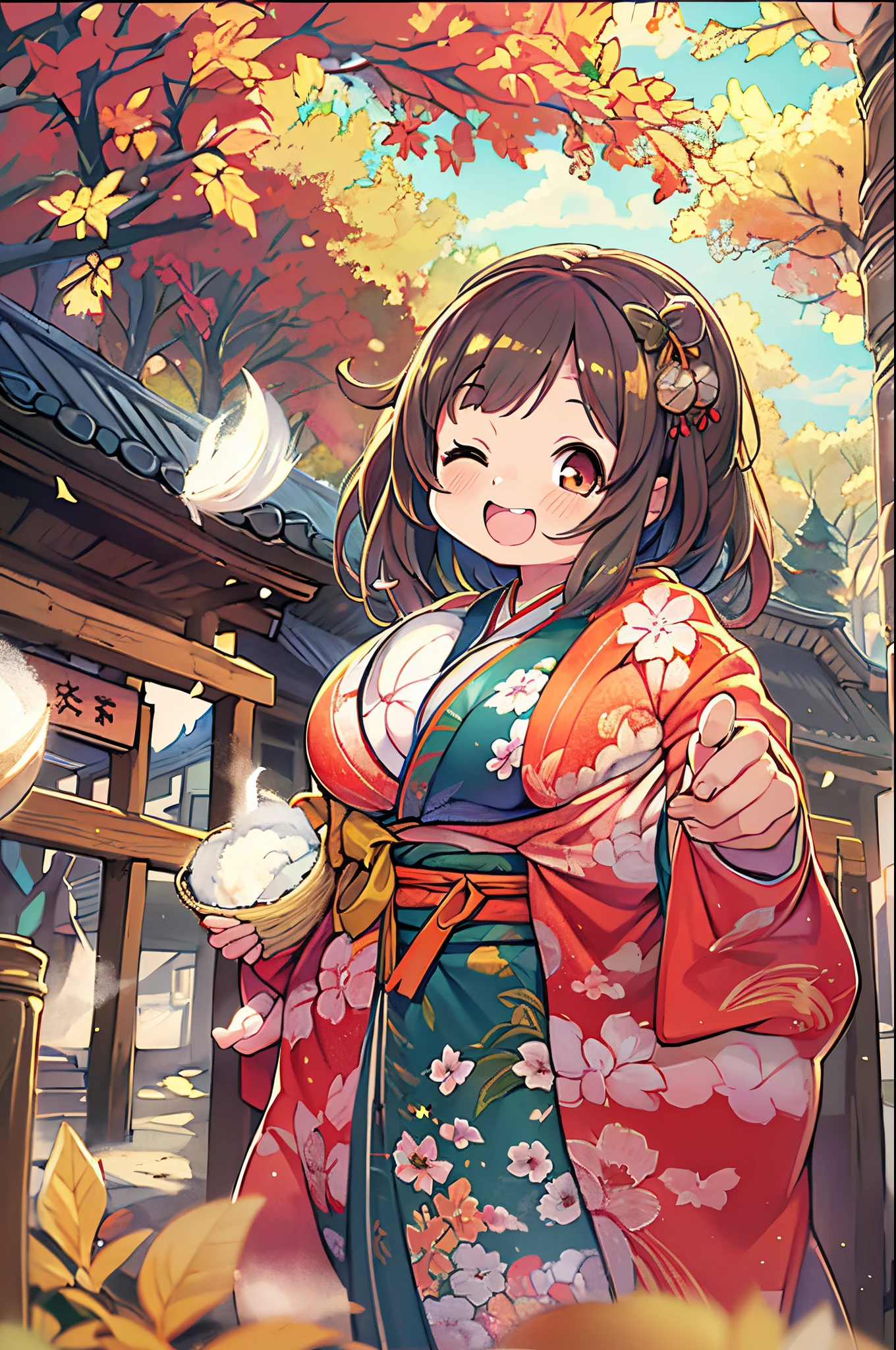 huge-breasted、kawaii、Sunny Clothes、japanese kimono、torii gate,((Oblique angle))、{{close up to face}}、one eye closed、8 years old girl、winking、A big smile、bbw、thick thight、big butts、Ultramammy,Chibi, autumn day,kaede、 Pines, Anime Background Art, japanese art style, beautiful anime scene, detailed scenery - width 672, Background art, Anime landscapes, Anime Background, Beautiful anime scenery, Beautiful peace scenes in anime, landscape artwork, Japan Village, Anime landscape concept art, 8K))、a lot of fallen leaves、
