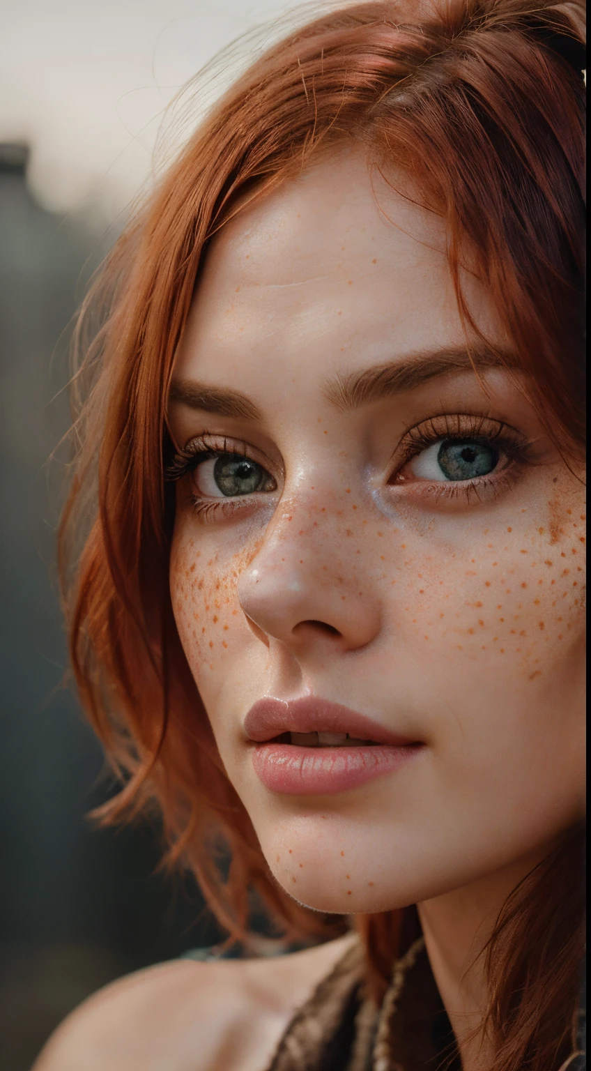 High detail RAW color closeup portrait of pale beautiful 20-year-old woman ((cute fun, redhead, slim) with angular face, female, big eyes)), ((wearing rags, damaged)) cover, realistic, symmetrical, highly detailed, hard lighting, cinematic lighting, art by artgerm and greg rutkowski and alphonse mucha, serious eyes, contrast, textured skin, cold skin pores, Hasselblad, 45 degrees, hard light, gigapixel, visible feet, flawless face, freckles, perfect shaved
