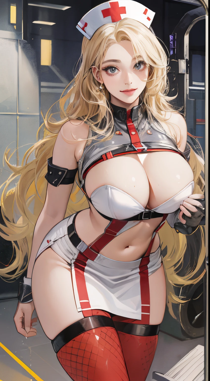 top-quality、realistic touch,high-detail、photoRealstic、、Long body、skirts that are too short、big eye、Big breasts that will tear your clothes、Strong platinum blonde eyelashes、platinum-blonde、Beautie、A sexy、full body Esbian、Sparkling eyes、Submissive smile、Flushed cheeks、Kamimei、thin-waist、Sleeveless、Voluptuous thighs、Enraptured look、shiny rubber material、Nurse