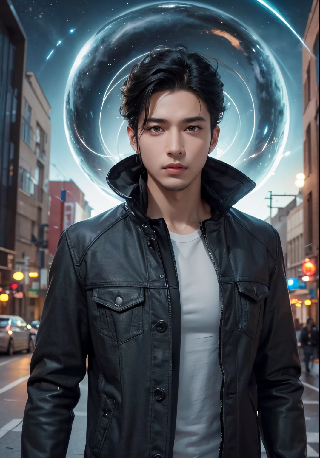 A beautiful man is standing in the middle of a city. A wormhole appears behind him. Black hair. black eyes. Late twenties. Beautiful double eyes. The bridge of my nose. Well-shaped lips. wearing a jacket. 8K image quality.