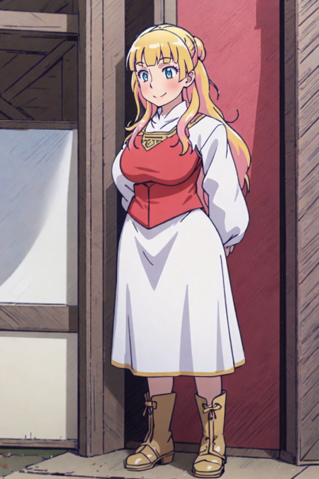 galko,1girl, solo, smile, full body, standing, long skirt, priestess, religious, holy, cute, blush, ,tall female, medieval clothing, white veil, tunic, long skirt,boots, huge brest, curvy,