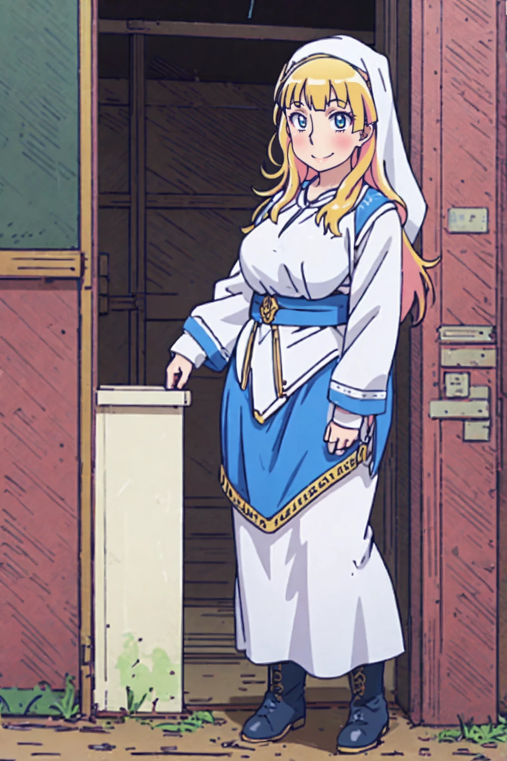 galko,1girl, solo, smile, full body, standing, long skirt, priestess, religious, holy, cute, blush, ,tall female, medieval clothing, white veil, tunic, long skirt,boots, huge brest, curvy,