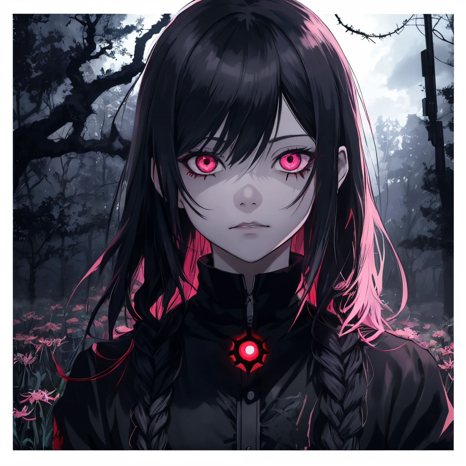 a closeup of big demonic eyes, compound eyes, Unique demon ghouls, Unusual pupils,Kaneki, Monochrome, Radioactive light, anime2018::1, neon::1, Neon color::1,, Part 1.5, detaled face, ultra quality, Ultra Graphics, Flowering 1.0, l vampire, depression, ultra realistis, Anime IRL,Anime girl, Dark gothic Style, HDR, RTX, The body shatters , Detailed Face,soft-lighting, makoto sinkai,Digital Painting,looking up at the camera", 8K, big dreamy eyes,blurry, Smooth soft skin, Cloned face, Symmetrical, pink liquid, leaks from the eyes,anime art,photo, Face cracking , ......key: pink, blood from the eyes, Realistic, Realistic light, Realistic anime, realistic shadows, Liquid, depressive, Clouds, Sakura, spider lily , A detailed eye, eyes focus, Lashes, fluffy lower eyelashes:1.5, pale face, Very pink eyes, gloomy horror atmosphere, Scary picture, woods, mist, pink Liquid, flowing down from the trees, Dark atmosphere, The body shatters, braids, Sateen, blood on the ground, fire, eye closeup,The Better Generation, Ultra Generation, Generation 3000, 2048×2048......, Face detailing, Detailing clothes, Symmetrical balance, Tokyo Ghoul, death note, castlevania, l vampire, Kaneki, Anime 2020, Water and sky, black hair,Detailed hair, Tokyo Ghoul, death note, castlevania, Kaneki, l vampire, Depressive art, depression, ennui, Sadness, cry, pain, Black smoke, Black Energy, Tentacles, Kagune, bloods, blood on the face, A sea of blood, fetters, barbed wire, fire, Wide-angle camera, lots of fine detail, spider lily, Sakura, Sweet, Scalopendra, Black background, horror film, Hole in the case, Dead Inside, Dead Art, lying on the grass, Manga style, comic style, Multiple frames, The body is destroyed, Manga page, Eyes are everywhere, Lots of eyes in the background, Drawing of Ishida sui, art of Ishida sui, in the style of Ishida sui, Two people, in full growth, depressive posture, Spider flowers