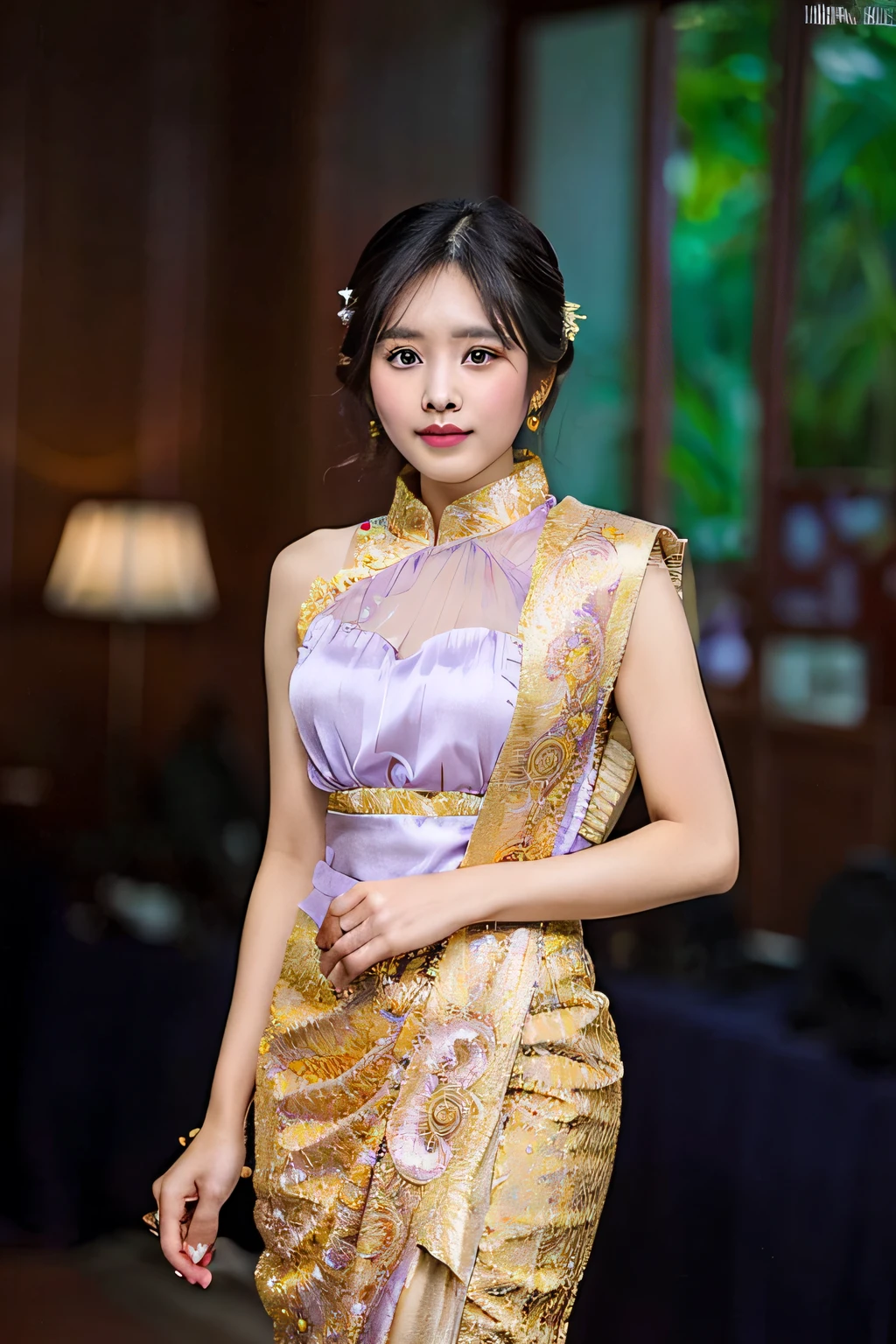 a woman in a purple dress posing for a picture, sukhothai costume, draped in silky purple and gold, draped in purple and gold silk, nivanh chanthara, traditional beauty, south east asian with long, beautiful image, in style of thawan duchanee, traditional art, anime thai girl, asian woman, traditional dress, beautiful and elegant