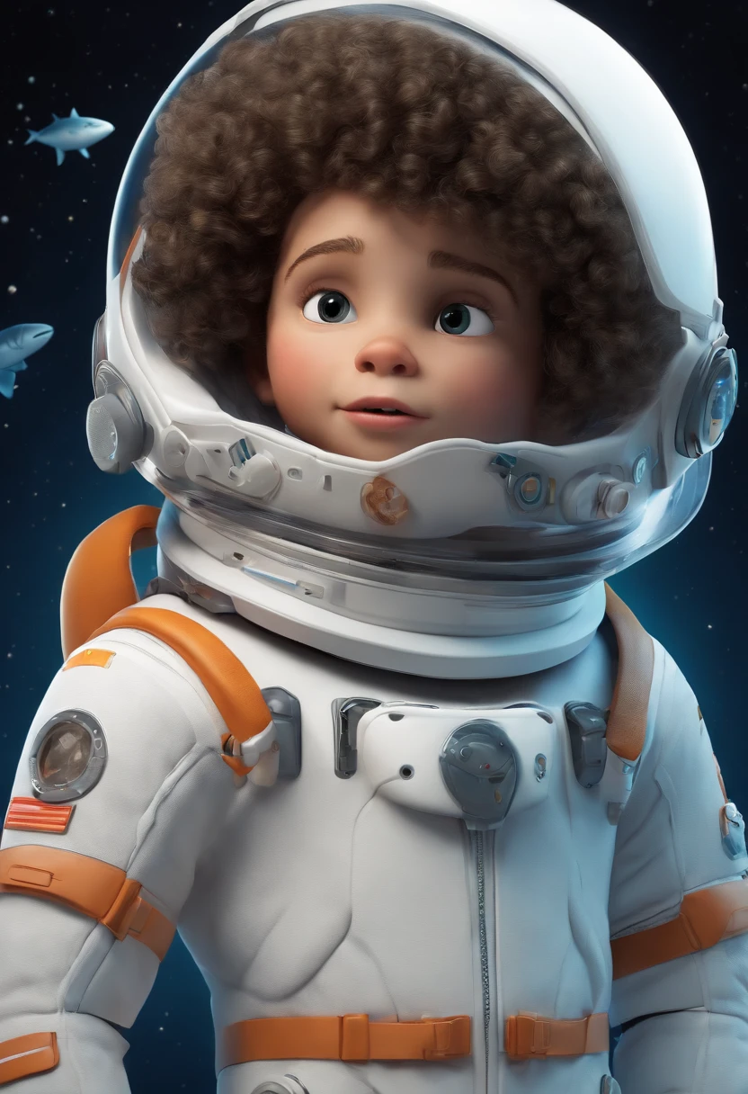 a white , South American, curly hair, curly hair, white skin, next to the shark character from NETFLIX, wears a spacesuit, white background, barnet, toon, pixar style, 3d, cartoon, detailed face, asymmetrical 16k