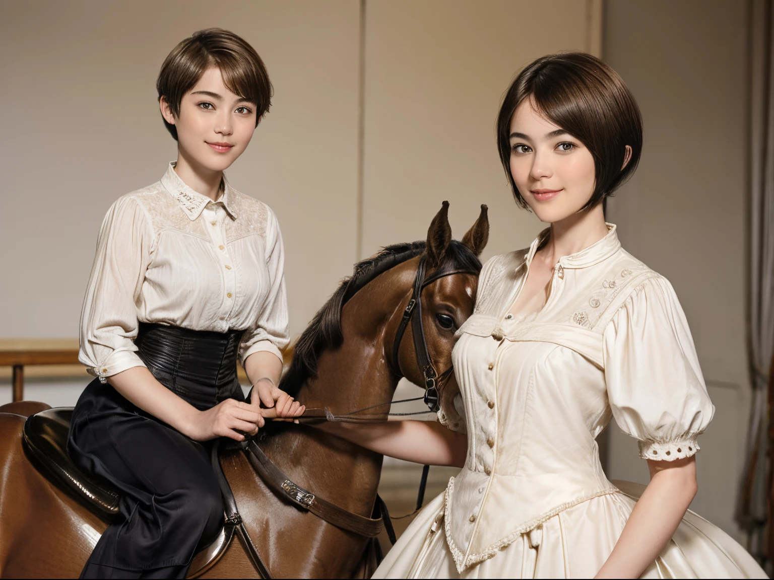 98
(a 20 yo woman,is standing), (A hyper-realistic), (high-level image quality), ((short-hair:1.46)), (Gentle smile), (Keep your mouth shut), (Riding a horse), (ride horse、horse racing、carriage)