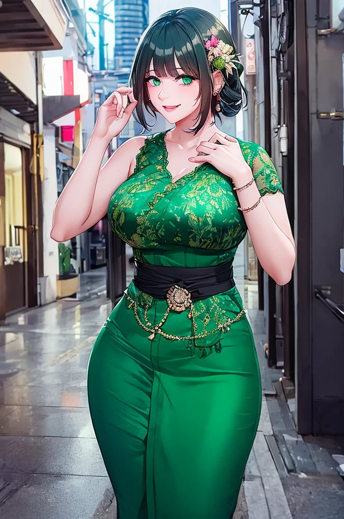 fw.yerin,green eyes,masterpiece,best quality,night view,rainy,cyberpunk city,wet clothes, kebaya_bali,green_kebaya_bali,large breasts,sweaty smile,show ,transparent  ,show armpits,get raped by 1 man