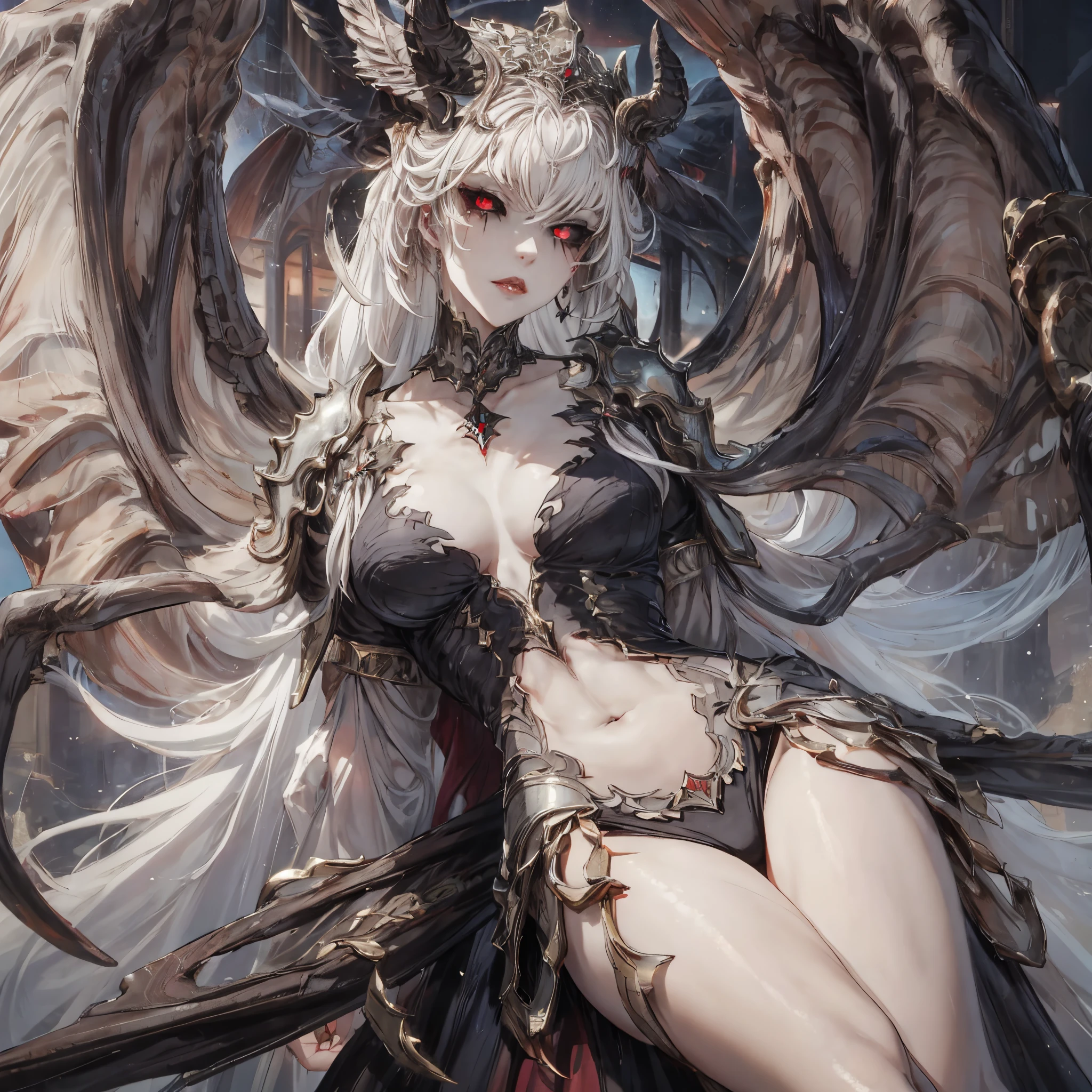 masterpiece, best quality, 1woman, adult, female focus, solo, light white hair, long hair, vibrant red eyes, black sclera, looking at viewer, closed mouth, bangs, Fantasy aesthetics, Highly detailed, shadowverse style, full body, raven winged female goddess, beautiful goddess, epic exquisite character art, beautiful elegant goddess, goddess, pale skin. black sclera