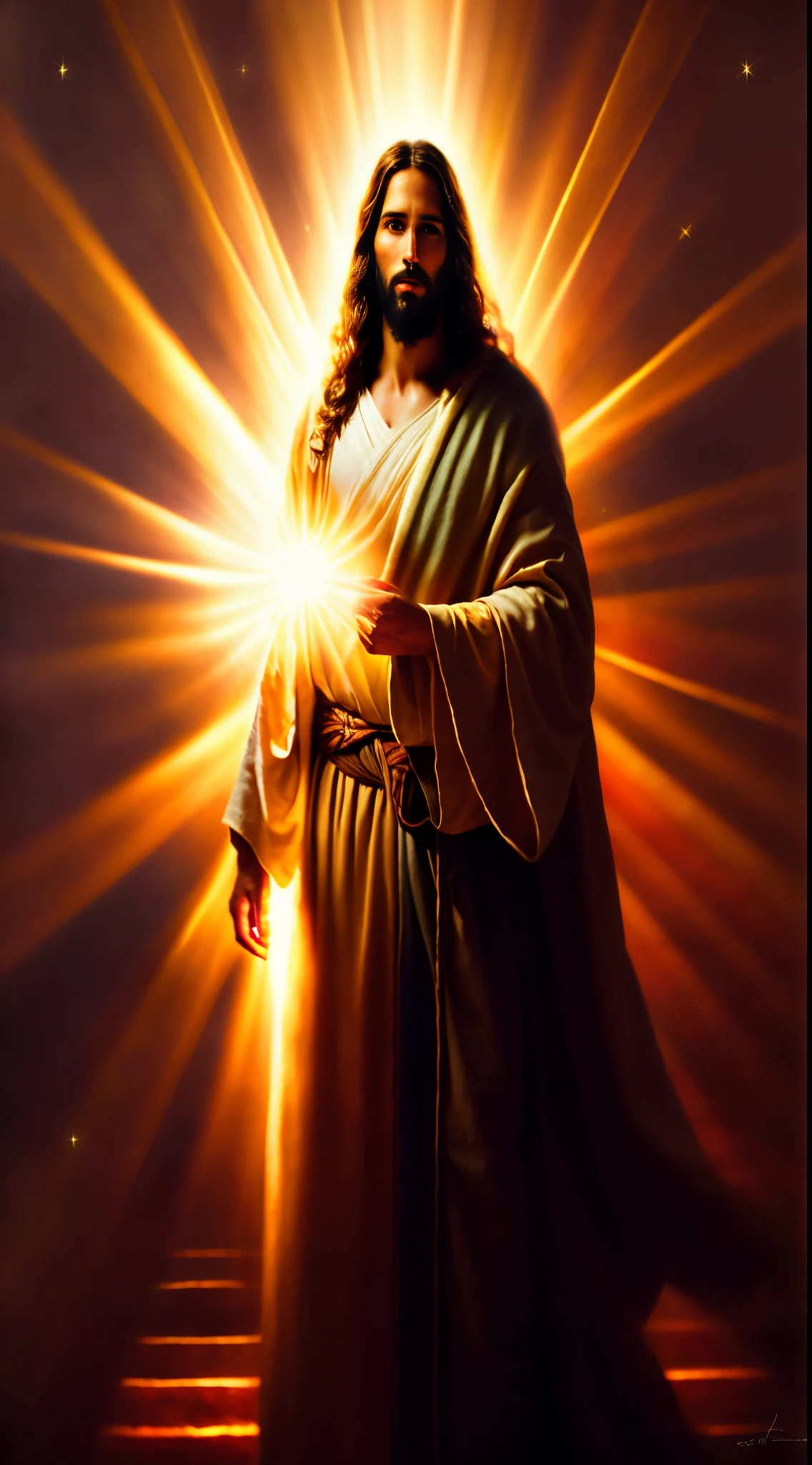 Modern portrait of Jesus bringing light and hope to the Earth, cinematic lighthing, profundidade de campo, Bokeh, Realismo, fotorrealista, hiper-realismo, fotografia profissional, UHD, DSLR, HDR